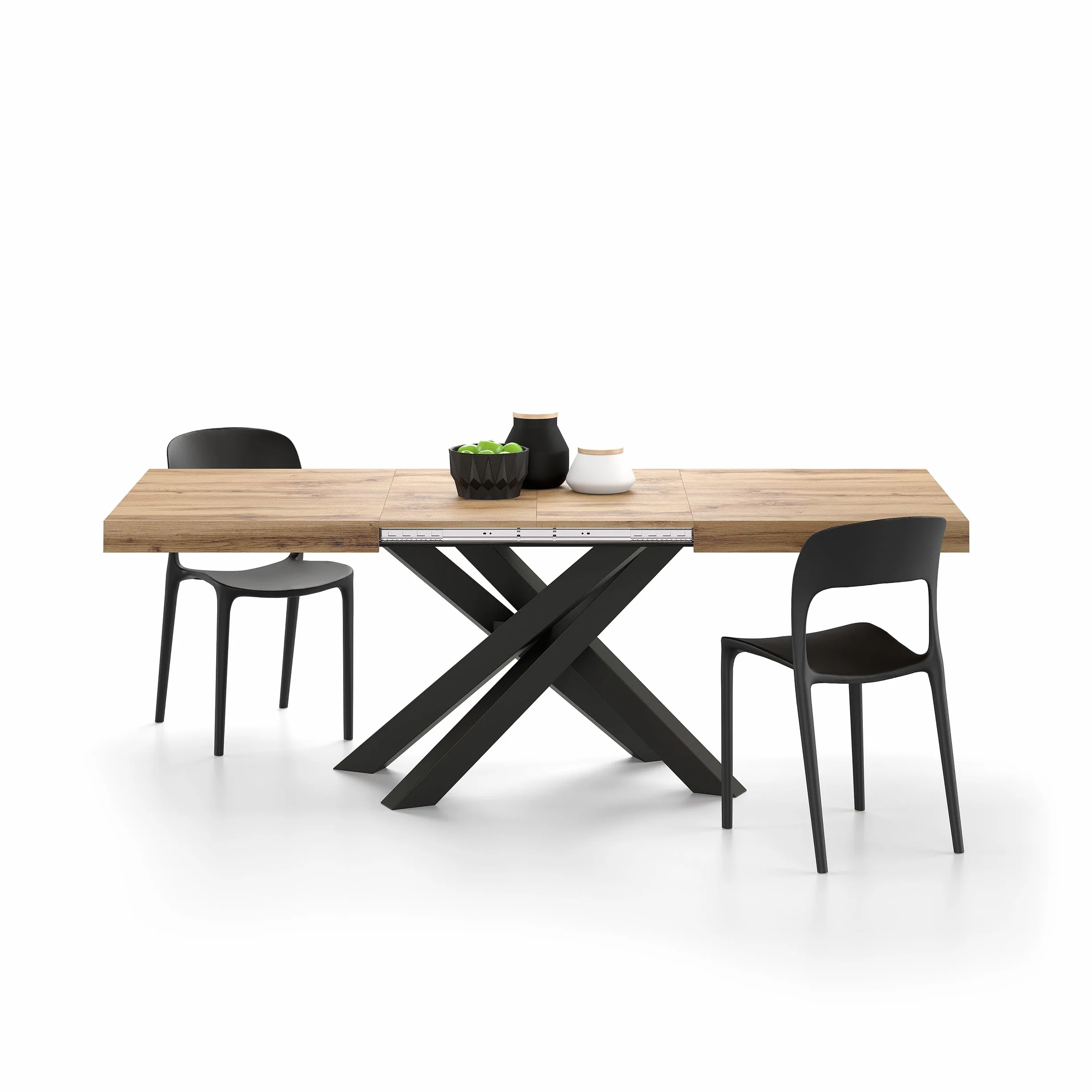 MOBILI FIVER, Mesa Extensible Emma 140(220) x90 cm, Color Madera rústica con Patas Cruzadas Negras, para 6-10 Personas, Mesa Extensible de Comedor, Mesa Cocina, Salon, Made In Italy