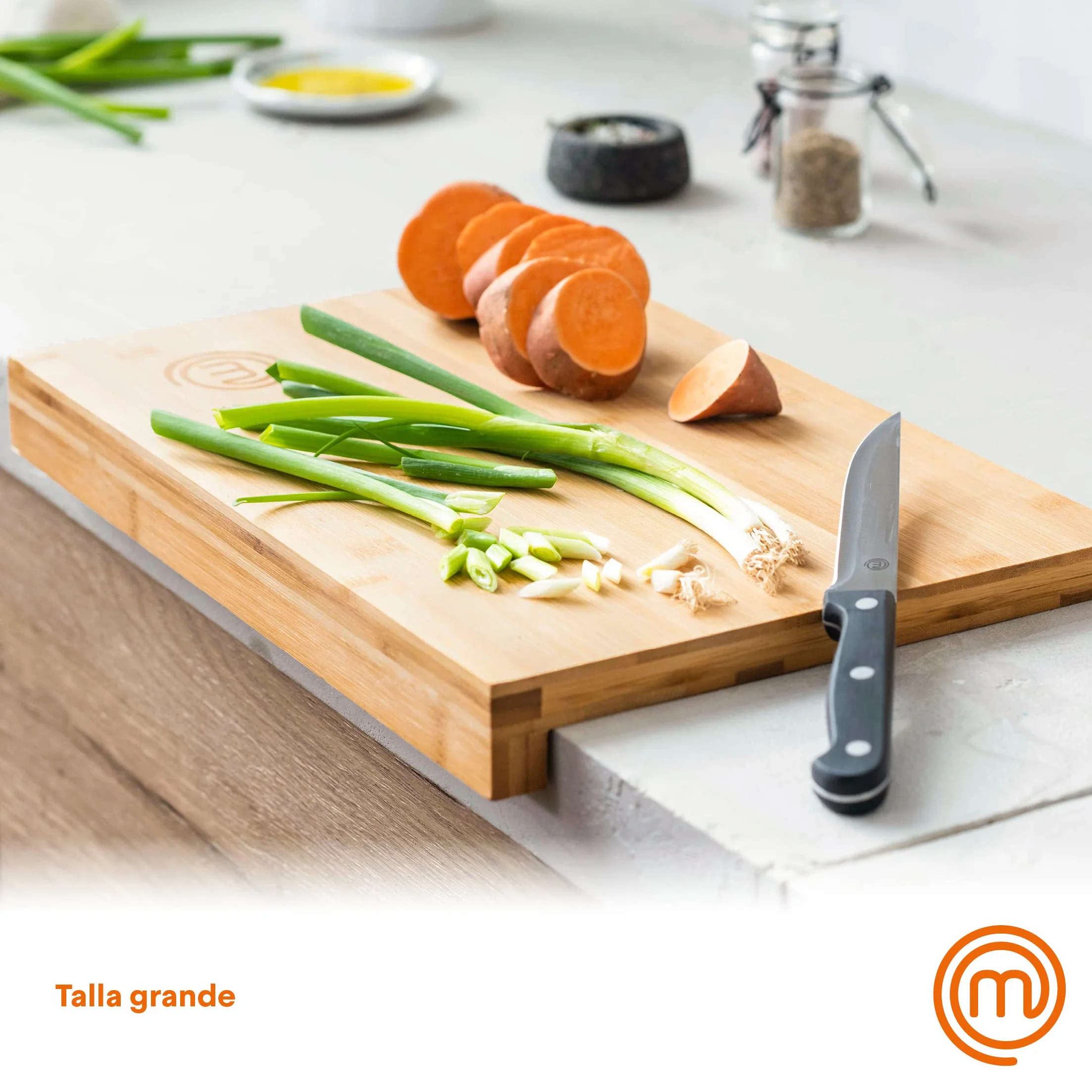 MasterChef Tabla de Cortar Madera Bambú Encimera para Carne Jamón Pan Quesos con Ranura Jugos Natural Sostenible