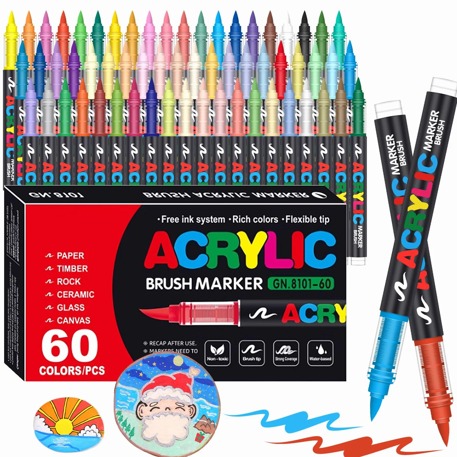 Laconile Juego de 60 rotuladores acrílicos de pintura acrílica con punta de pincel flexible para roca, cerámica, vidrio