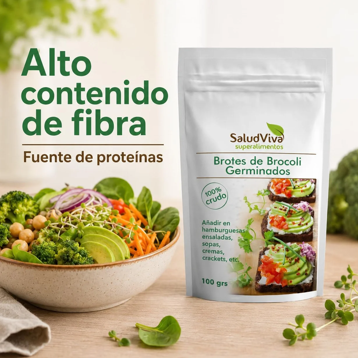 Salud Viva Brócoli Germinado Deshidratado Eco 100 g brotes de brócoli germinados alto en fibra fuente de proteínas
