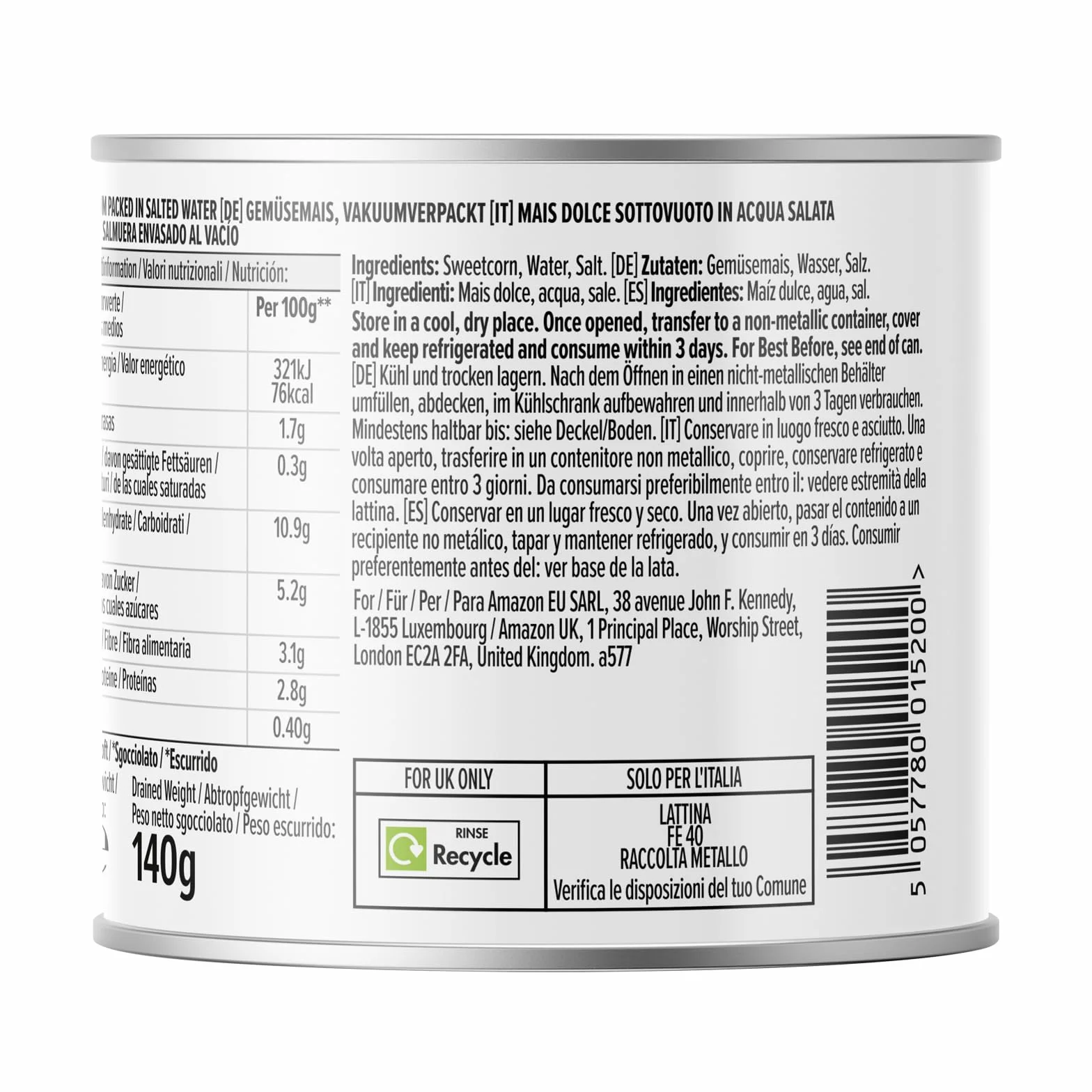 Amazon Maiz Dulce En Salmuera, 3x 160g