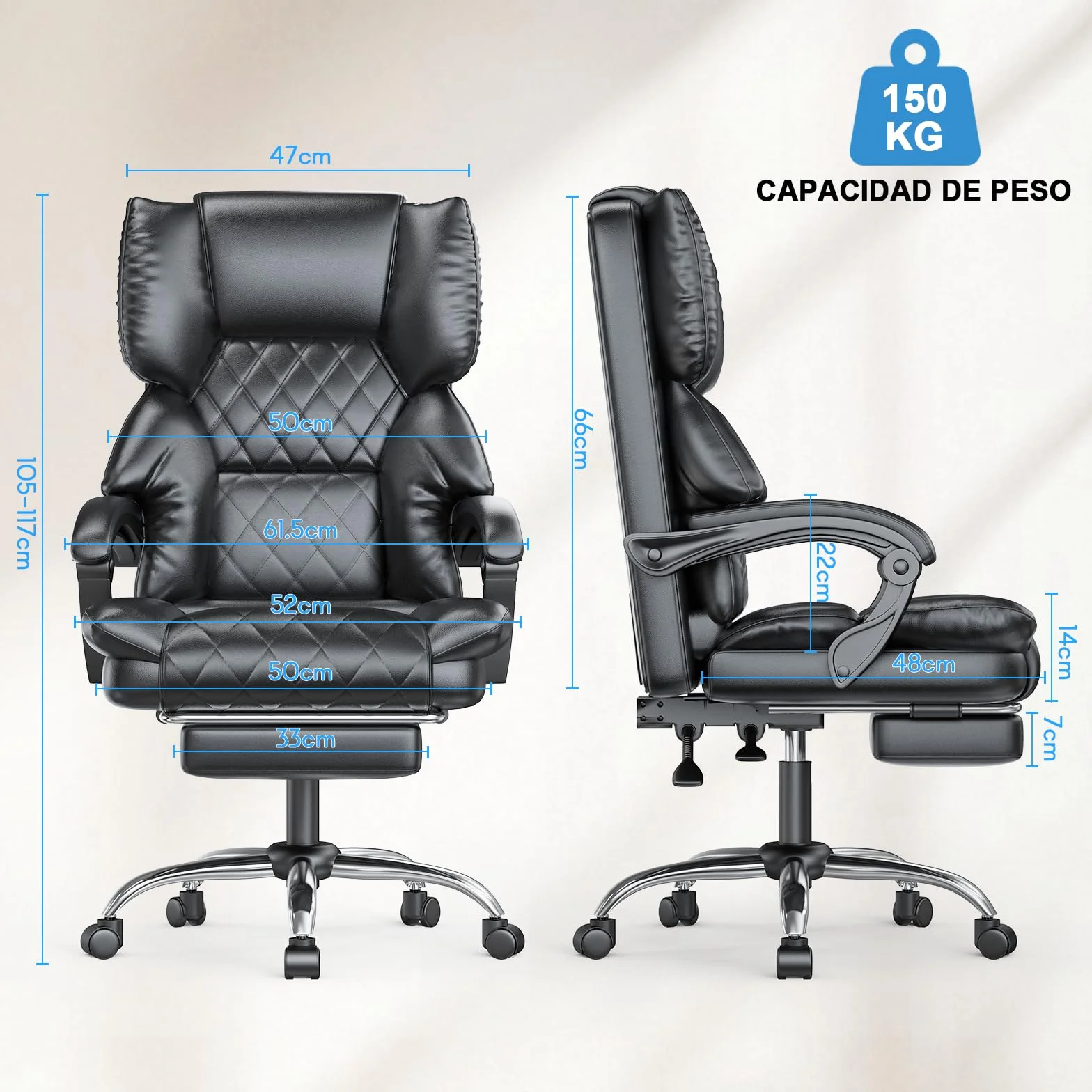 Silla de Oficina Ergonómica de Cuero PU con Reposapiés, Giratoria con Inclinación, Negro