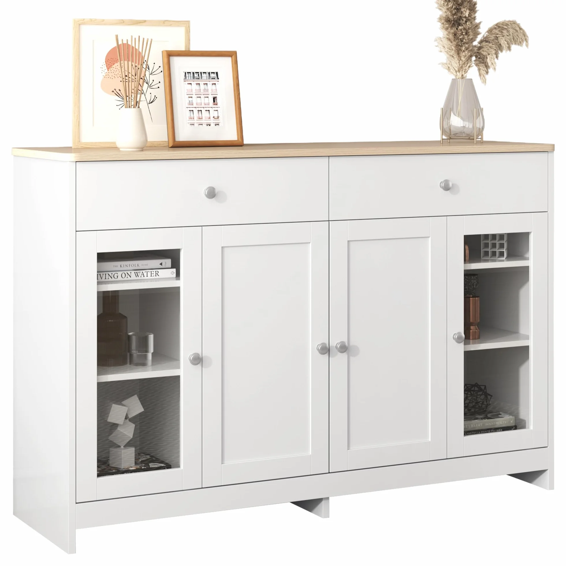 Azkoeesy Aparador Blanco con Puertas de Cristal y 2 Cajón - 120x37x80 cm, Mueble Multifuncional (Cocina/Buffet/Archivador) para Sala de Estar y Oficina - Diseño Moderno con Almacenamiento
