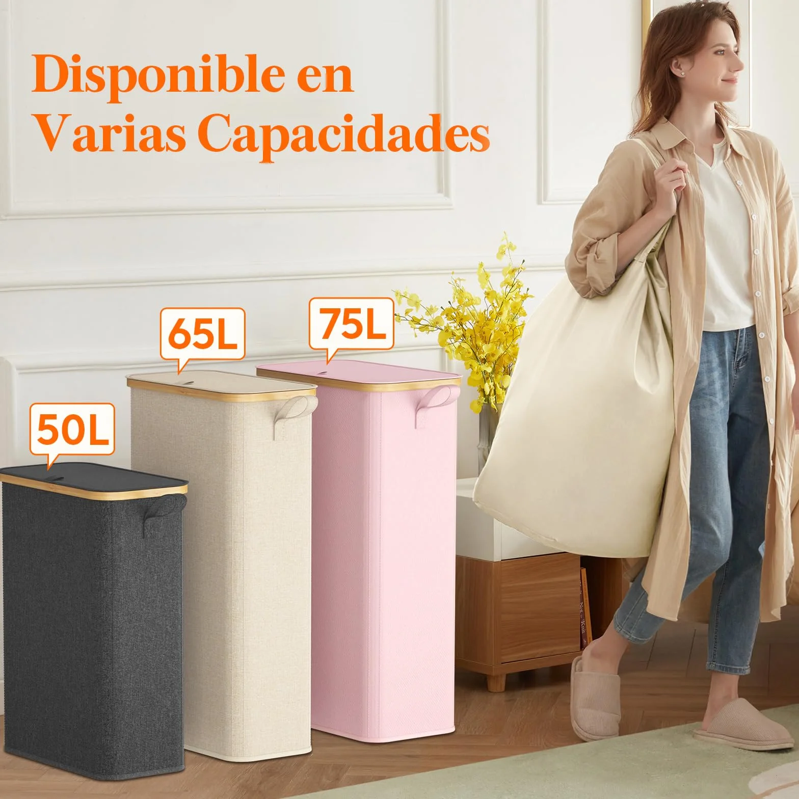 Lifewit Cesto Ropa Sucia Estrecho con Tapa, Cesto de Ropa Plegable con Bolsa Extraíble y Asa, Cesta Ropa Sucia de Bambú, Cubo de Ropa para Dormitorio, Baño, Lavandería, Dormitorio, 70 L, Beige