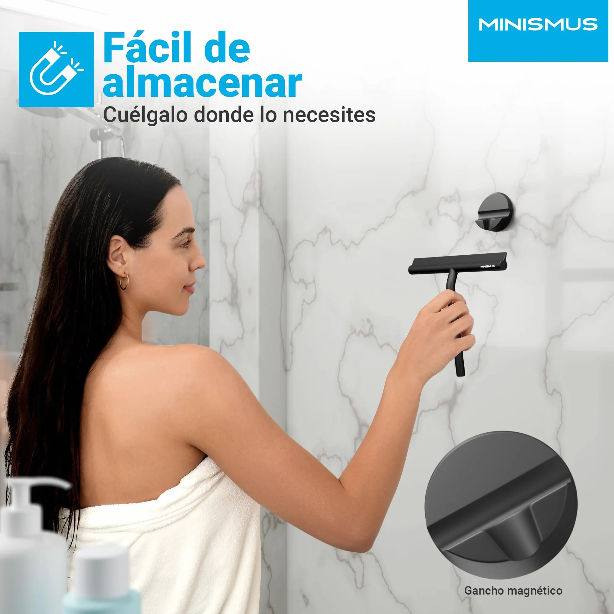 Limpiacristales para Ducha 21 cm Negro Incluye Soporte magnético sin taladrar Autoadhesivo