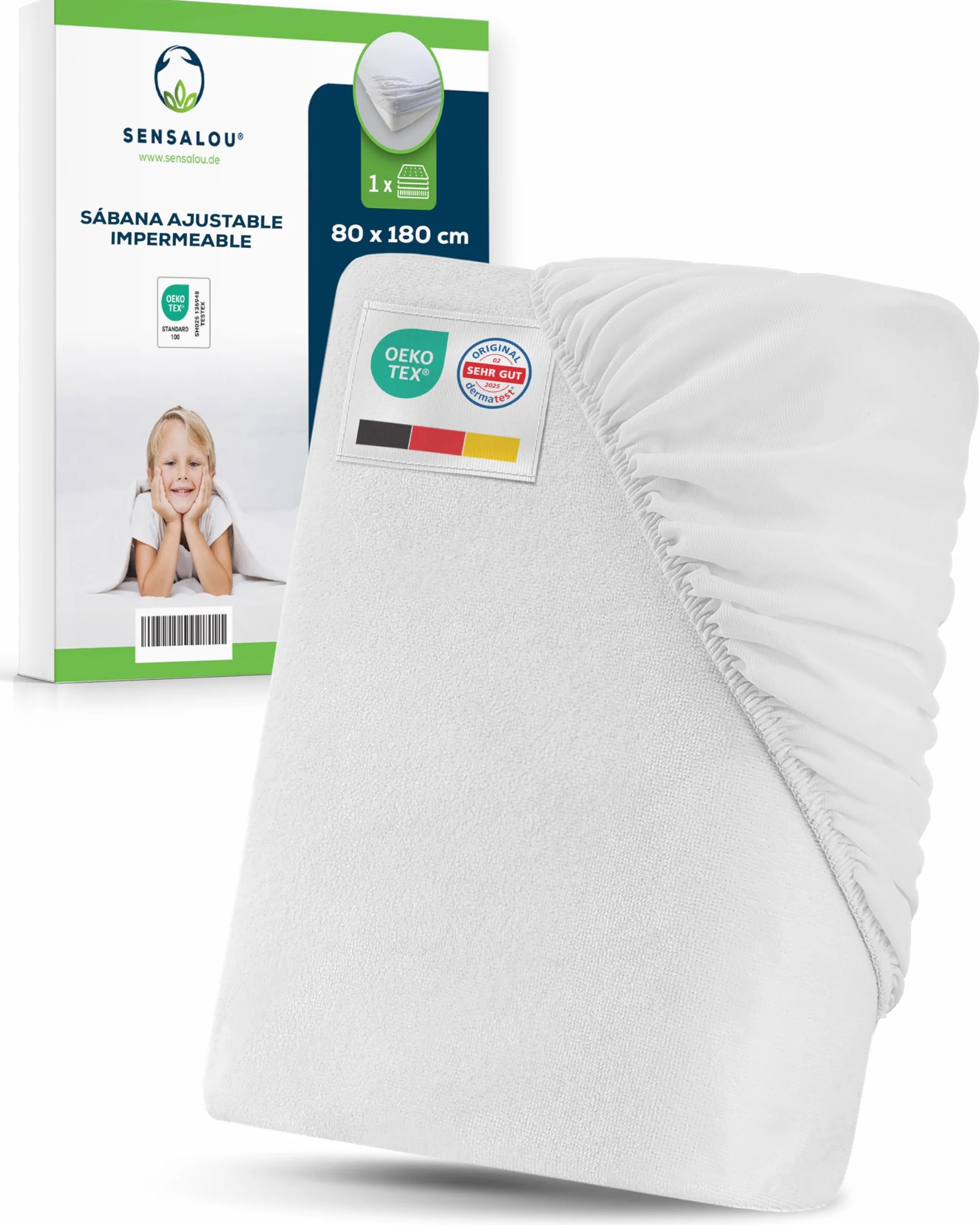 Sensalou Protector de Colchón Impermeable 80x180 cm – Sábana Bajera Ajustable Antialérgica y Transpirable, para Niños y Jóvenes, Lavable A 95 °C, Protección Incontinencia y Sudor