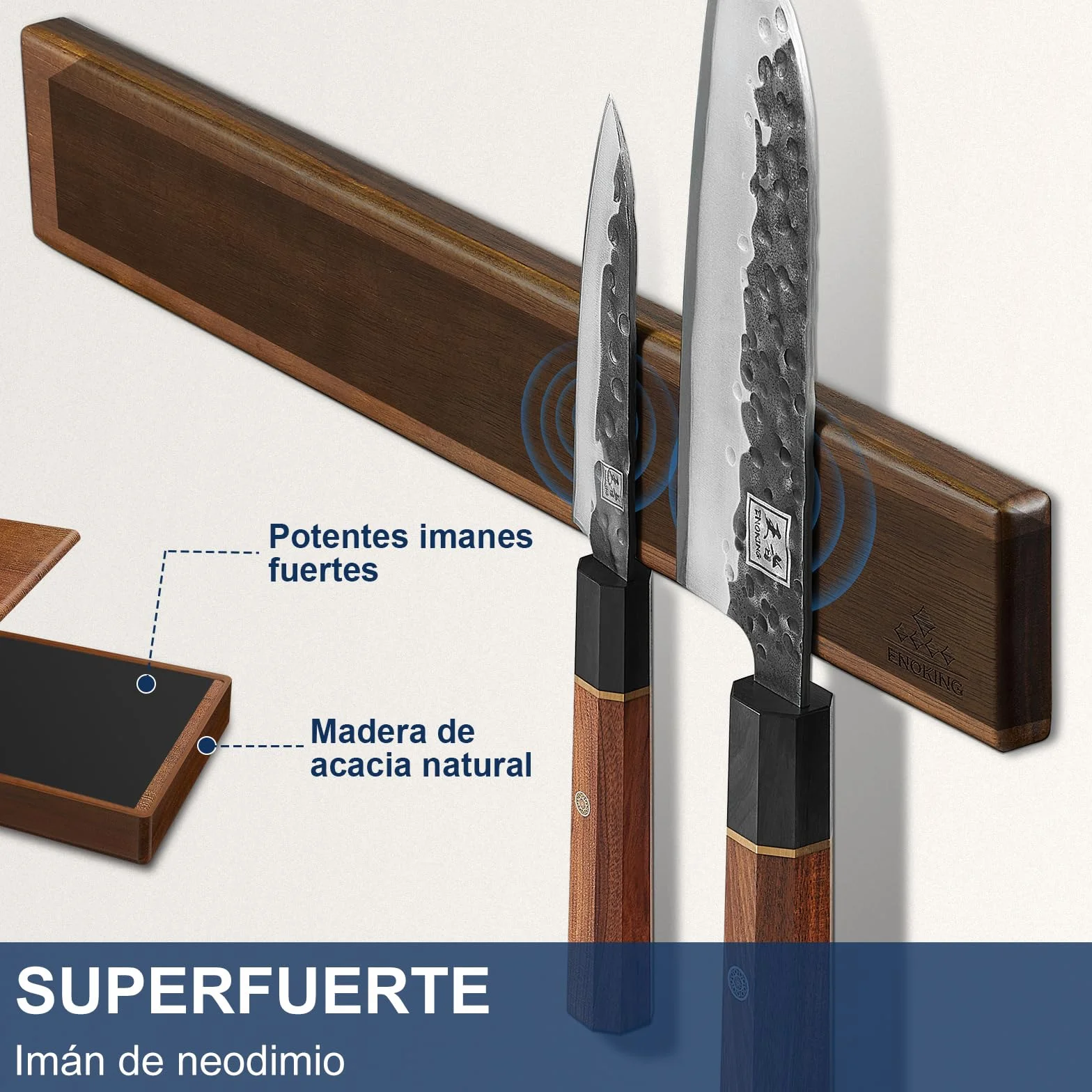 ENOKING Barra Magnetica para Cuchillos 40 cm, Soporte Imán de Madera de Acacia con Ganchos