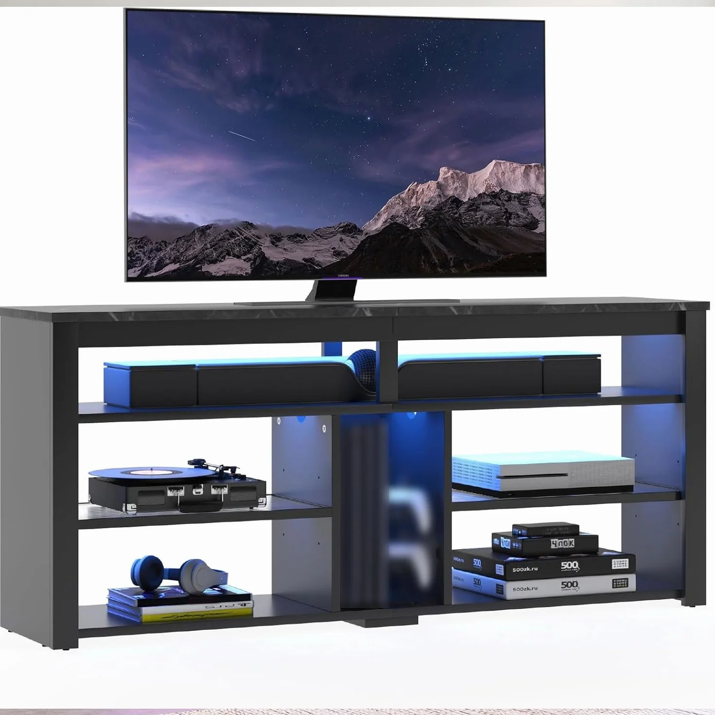 Bestier Mueble de TV Alto para televisores de 65", Soporte para TV con Almacenamiento para PS5, Consola de TV LED con Estante Ajustable para Sala de Estar, mármol Negro