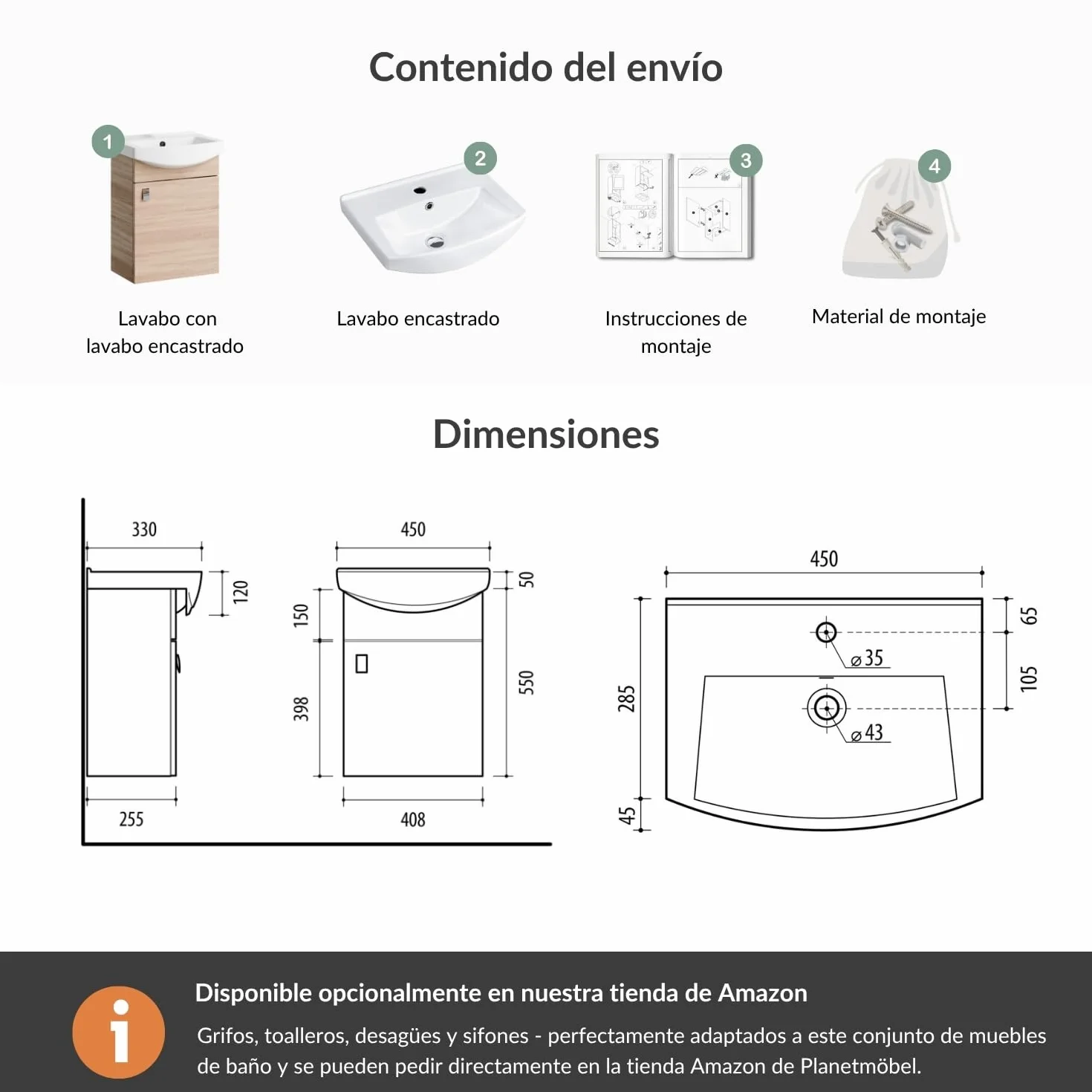 Planetmöbel Conjunto de Muebles de baño Lavabo con Mueble 45 x 60 x 33 cm para Aseo de Invitados, Roble Sonoma