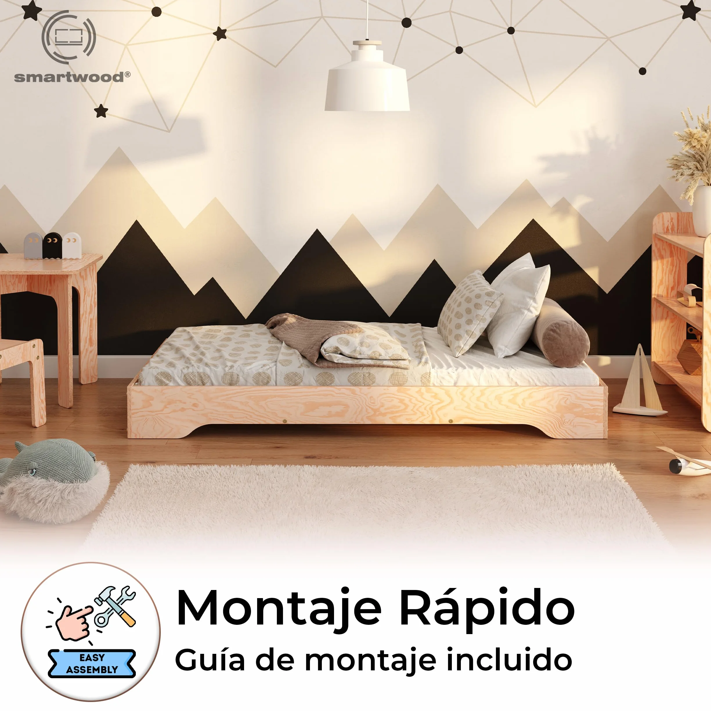 smartwood Cama Montessori 140x200 cm - Cama Infantil de Madera de Pino Certificada FSC con Somier de Listones - Capacidad de Carga 300 kg - para Niño y Niña - Montaje Sencillo - TILA 7