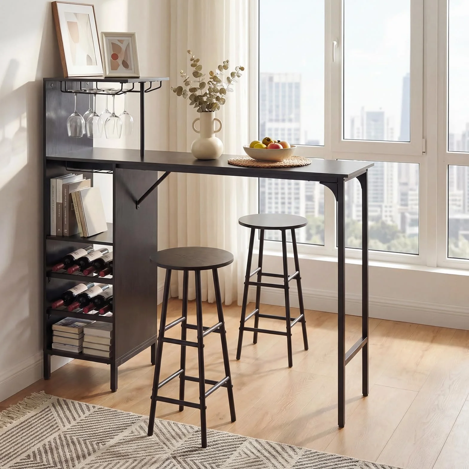 GIANTEX Juego de bar de 3 piezas, mesa y taburetes de bar, mesa de desayuno con taburetes, mesa de bistro en forma cuadrada 120 x 40 x 90 cm, 4 colores (negro)