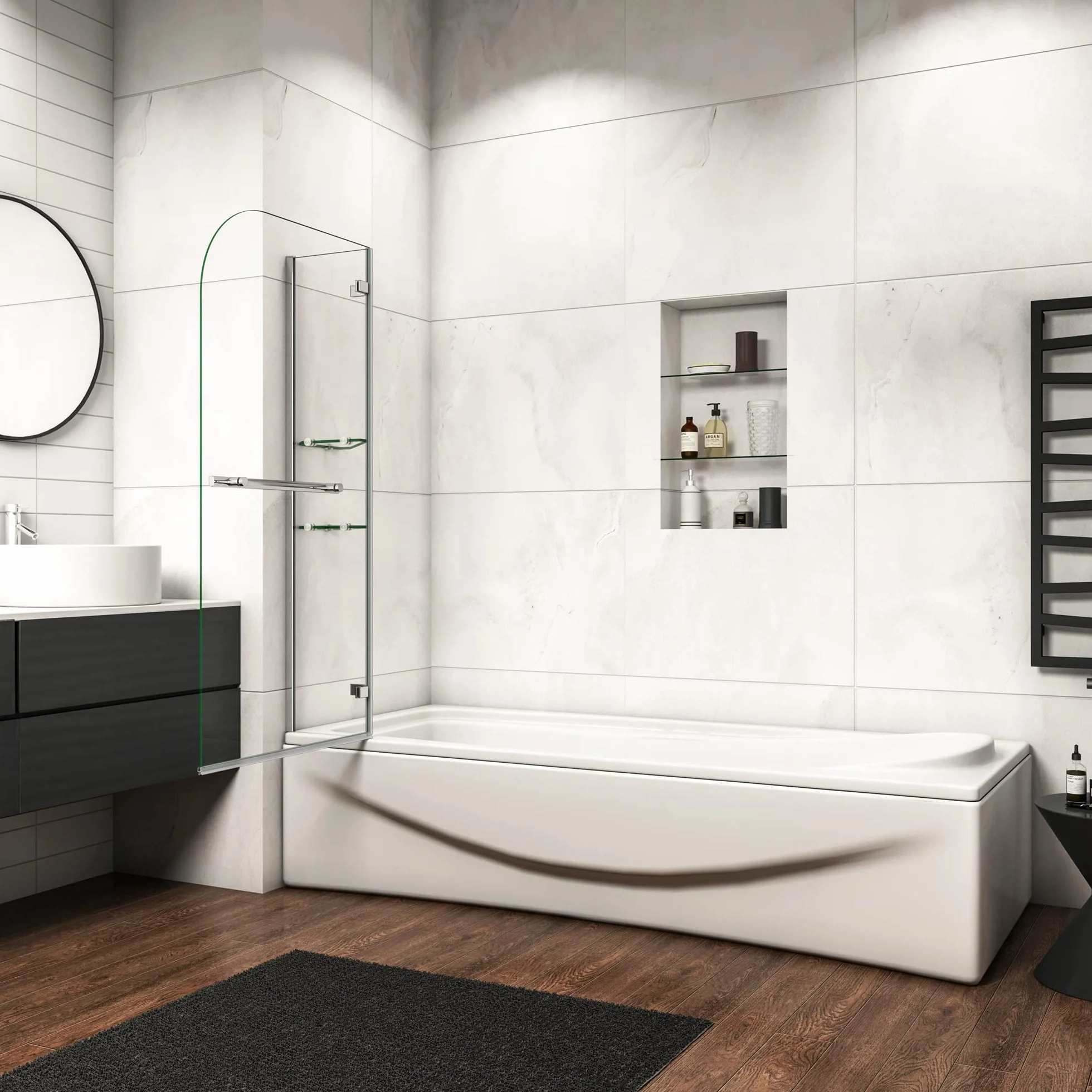 Mamparas de Bañera Biombo de Baño Abatible Cristal Templado 5 MM Estante Toallero, 100x140 CM