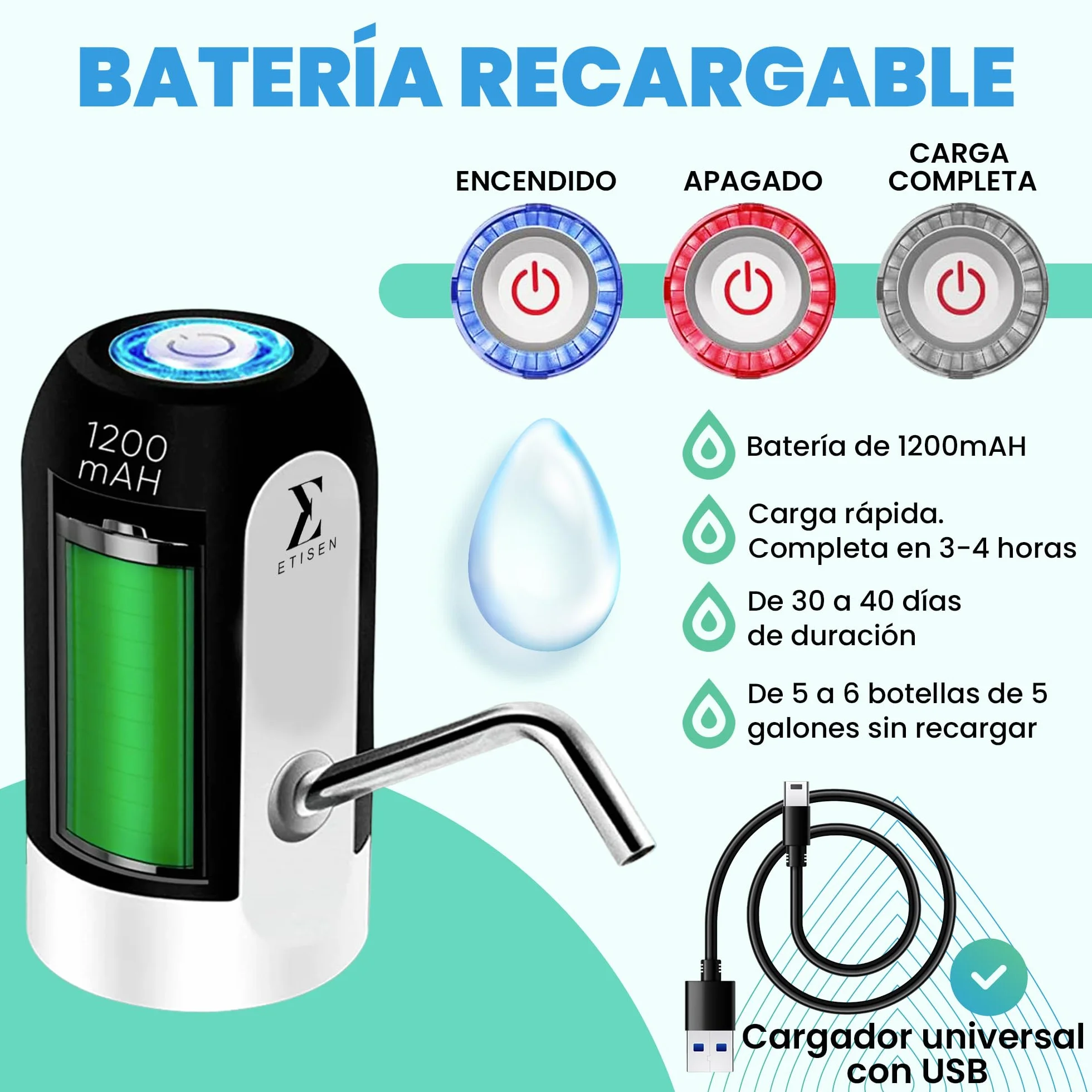 Dispensador de Agua, Grifo eléctrico para garrafas de Agua fría, Bomba dosificadora con Dos adaptadores. 5.7L, 10L, 11.3L, 15L, 18.9L.