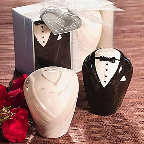 Salero + Pimentero Novios en Caja de Regalo - Detalles Originales Invitados de Bodas, Regalos Comuniones y Recuerdos para Cumpleaños Infantiles