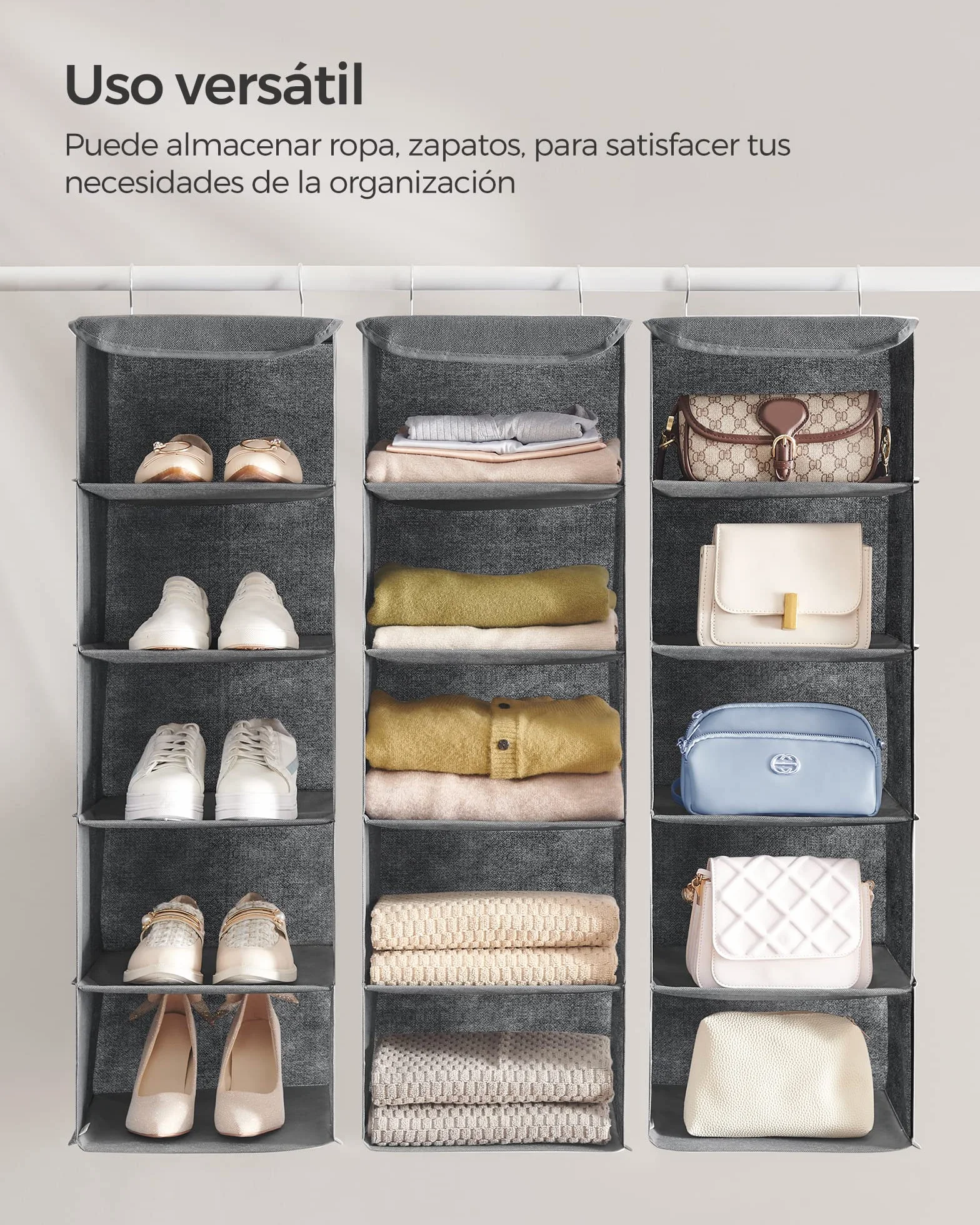 SONGMICS Organizador Armario Bolsa Colgante Plegable con Ganchos Metálicos Bambú Gris RYCH06G