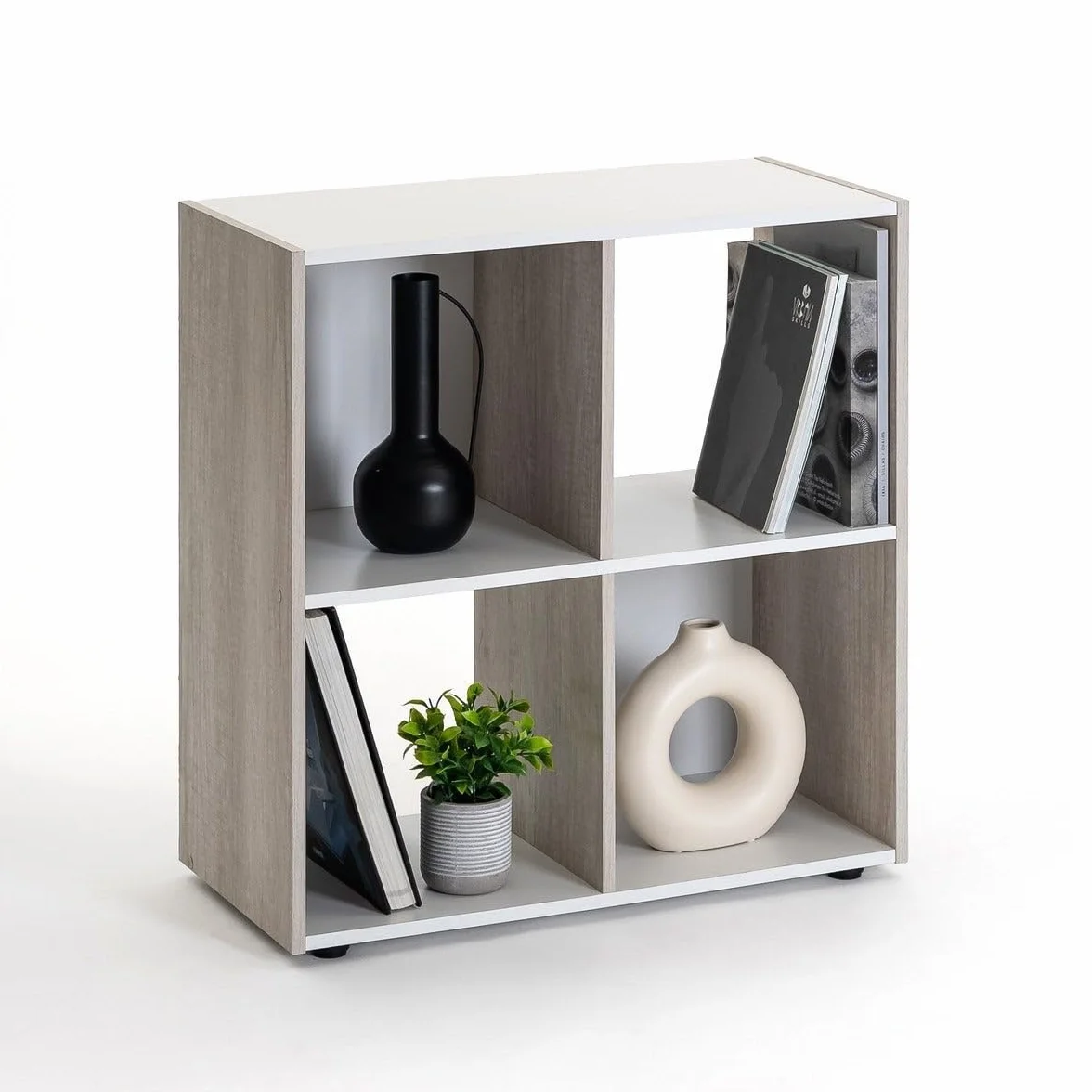 Estantería librería Cubo de 4 Huecos y 2 Niveles Madera Beige y Blanca 62x60x29 cm Mueble para Salón Oficina
