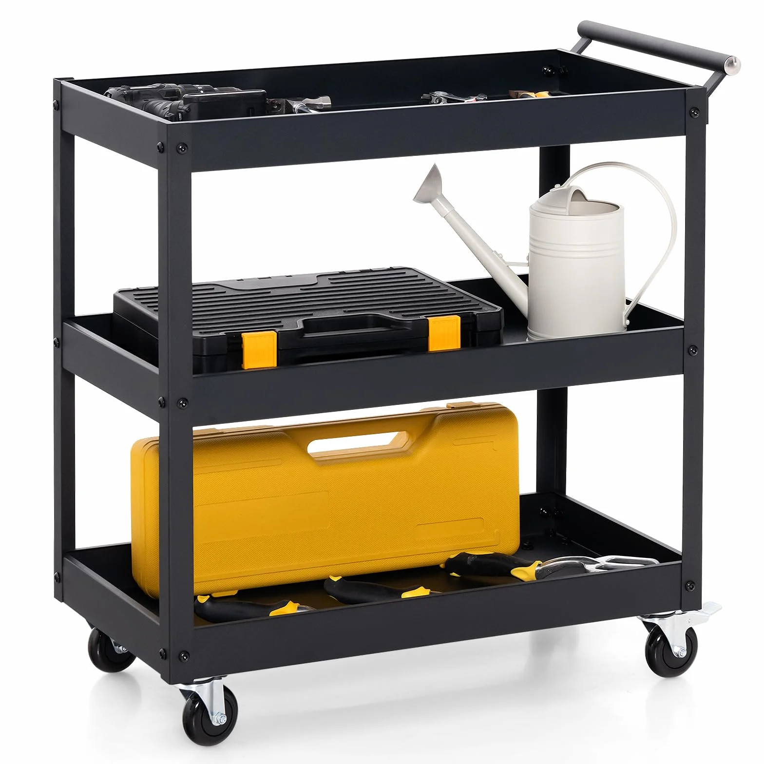 GOPLUS Carrito de Utilidad de 3 Niveles, Carro de Herramientas Organizador con 4 Ruedas Universales y Mango Lateral Toallero, Carrito de Servicio Rodante para Garaje, Baño, Almacén, Negro (Negro)