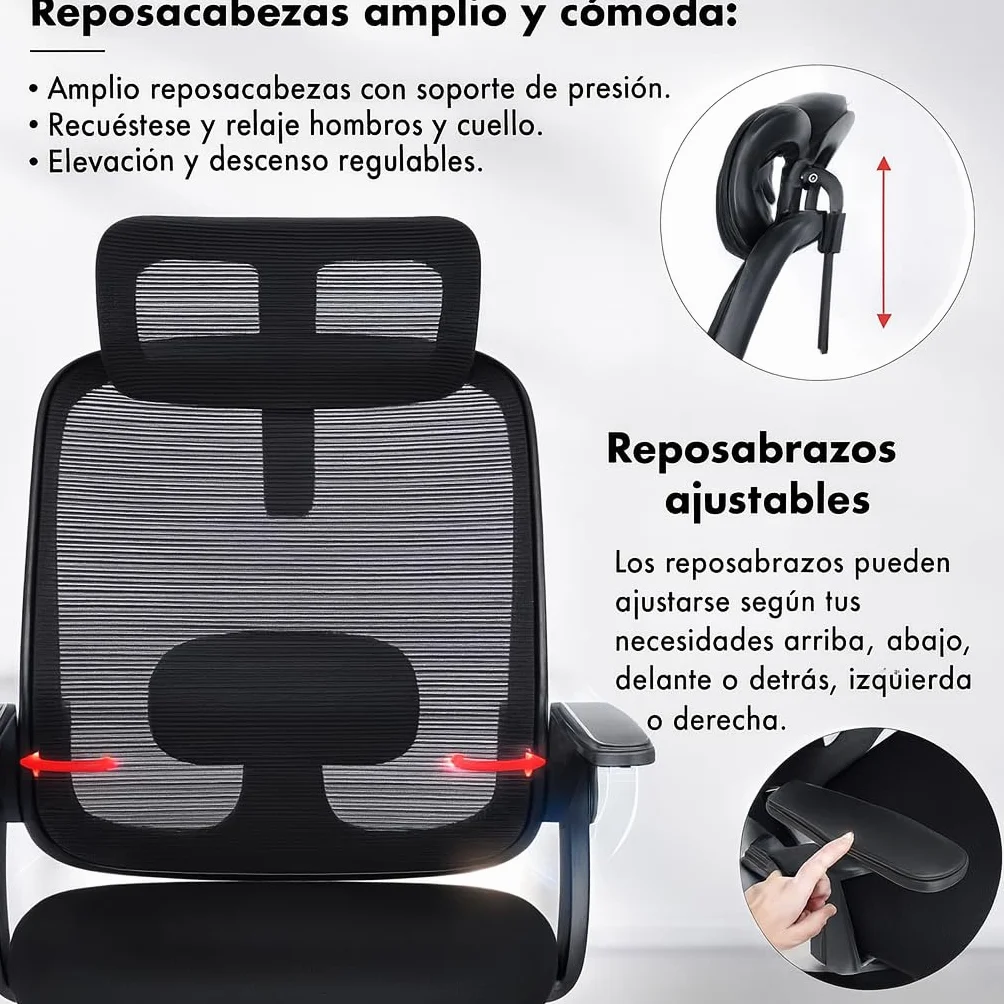 Silla de Oficina Ergonómica con Ruedas, Reposacabezas y Reposabrazos Ajustables, Respaldo de Malla Transpirable, Soporte Lumbar