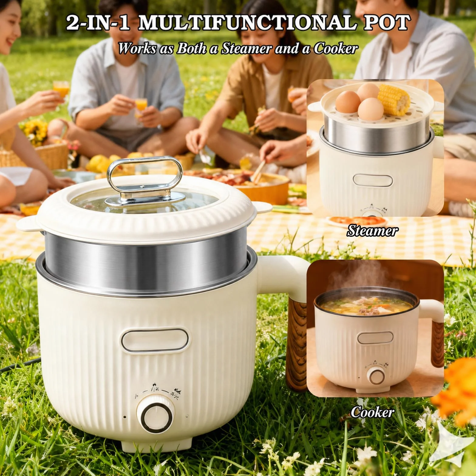 Olla eléctrica antiadherente 2L, multicocina portátil con vapor, mini olla de sopa rápida