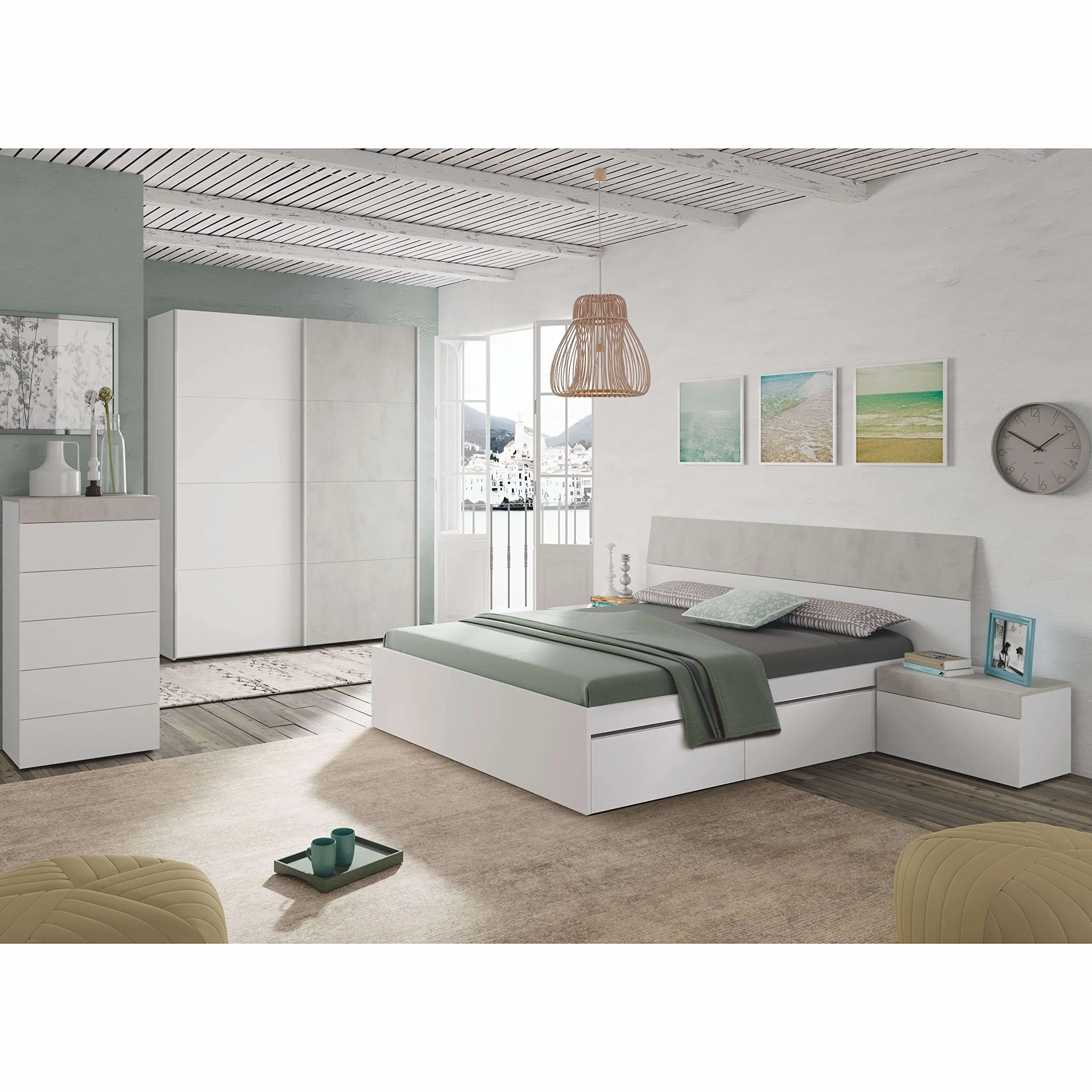 Miroytengo Conjunto Dormitorio Completo Habitación Principal Color Blanco Artik y Cemento (cabecero + 2 mesitas + Armario + Zapatero)