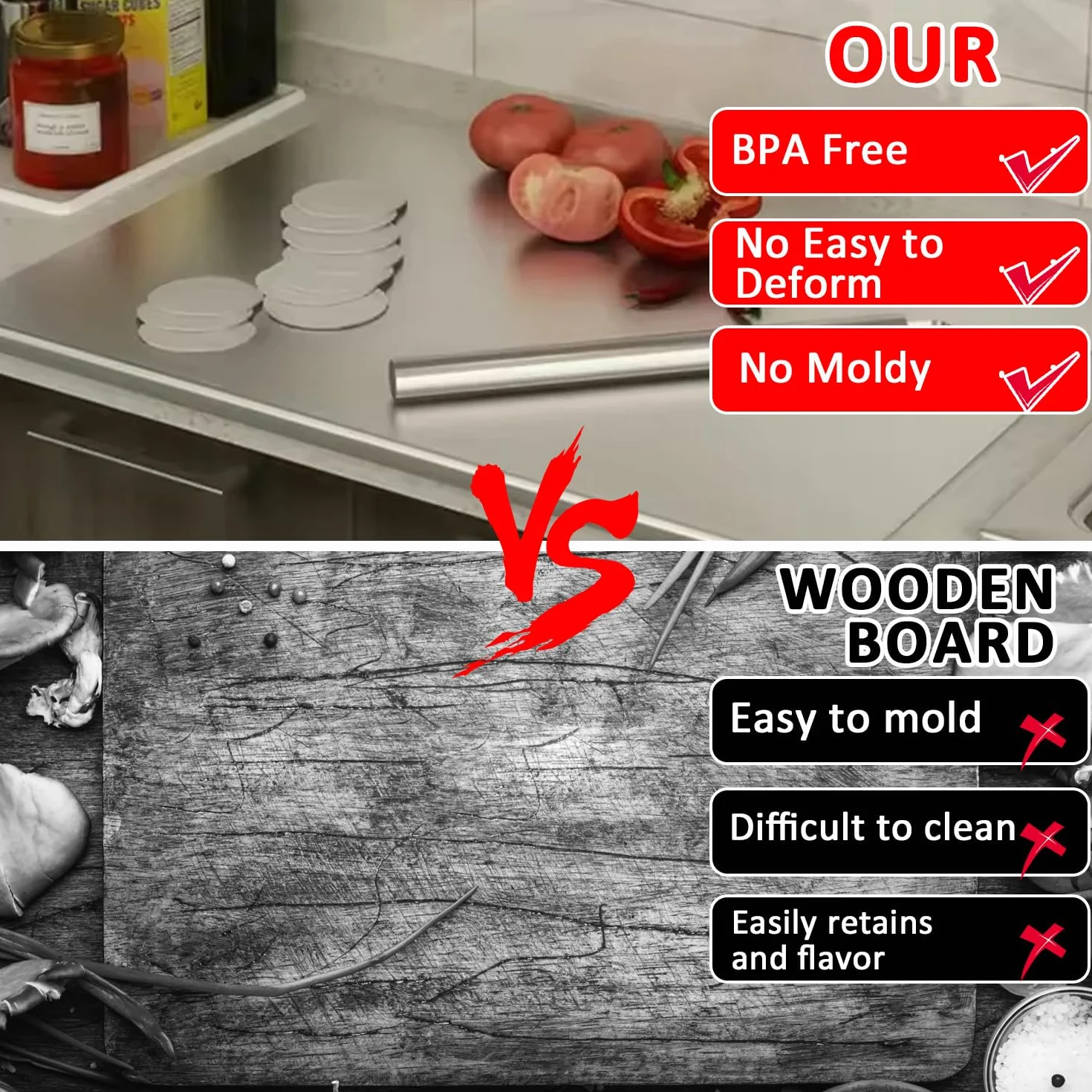 Tabla de Cortar Acero Inoxidable 50 x 50 cm, Tablas de Cocina con Borde de Parada, Uso a Doble Cara - Antibacteriana y Fácil de Limpiar, Stainless Steel Cutting Board para Carne, Frutas, Verduras, Pan