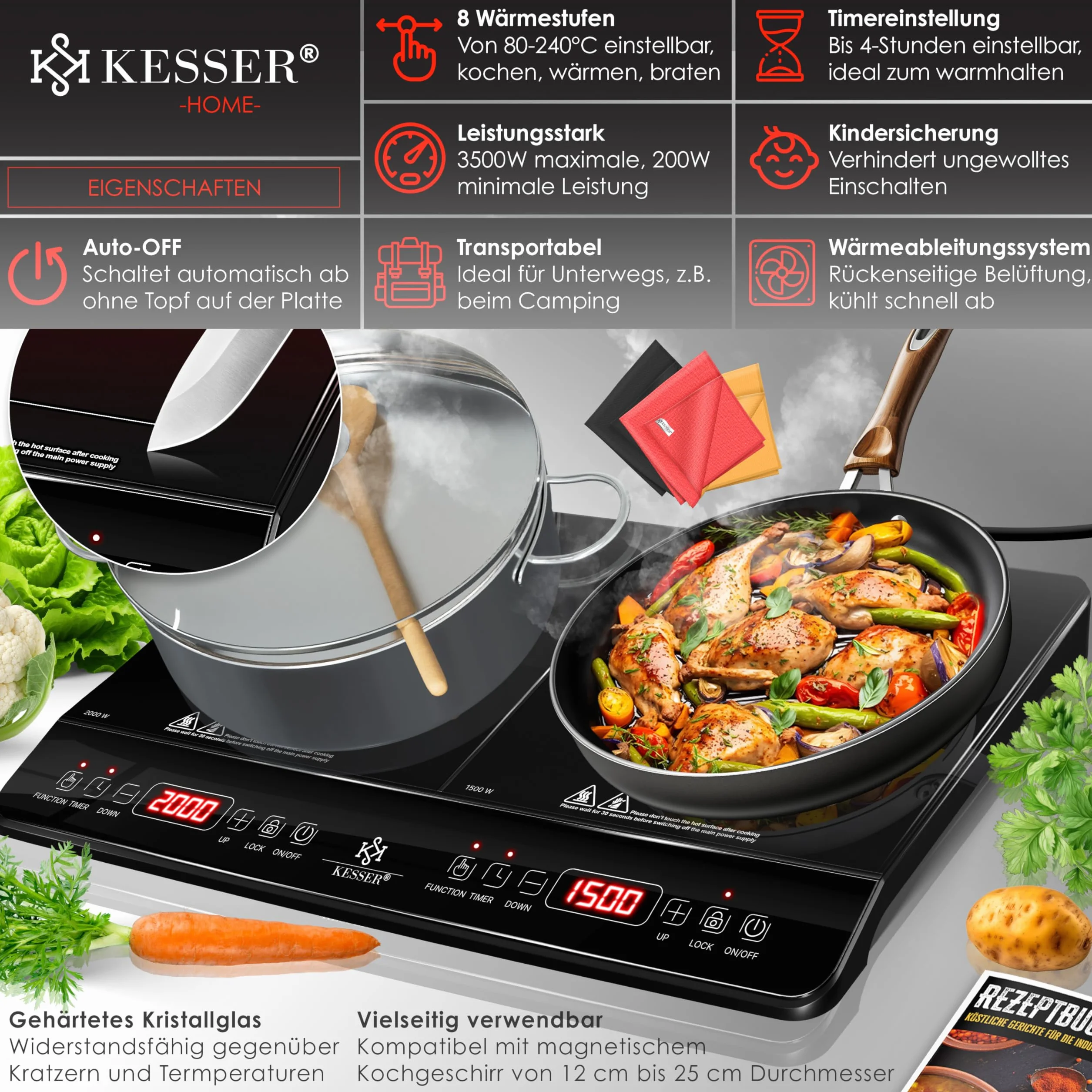 KESSER® Placa de inducción 2 placa 3500W Placa portátil de 57cm + 3 paños de microfibra + 1x libro de recetas, 8 ajustes de calor, temporizador, control táctil, función booster