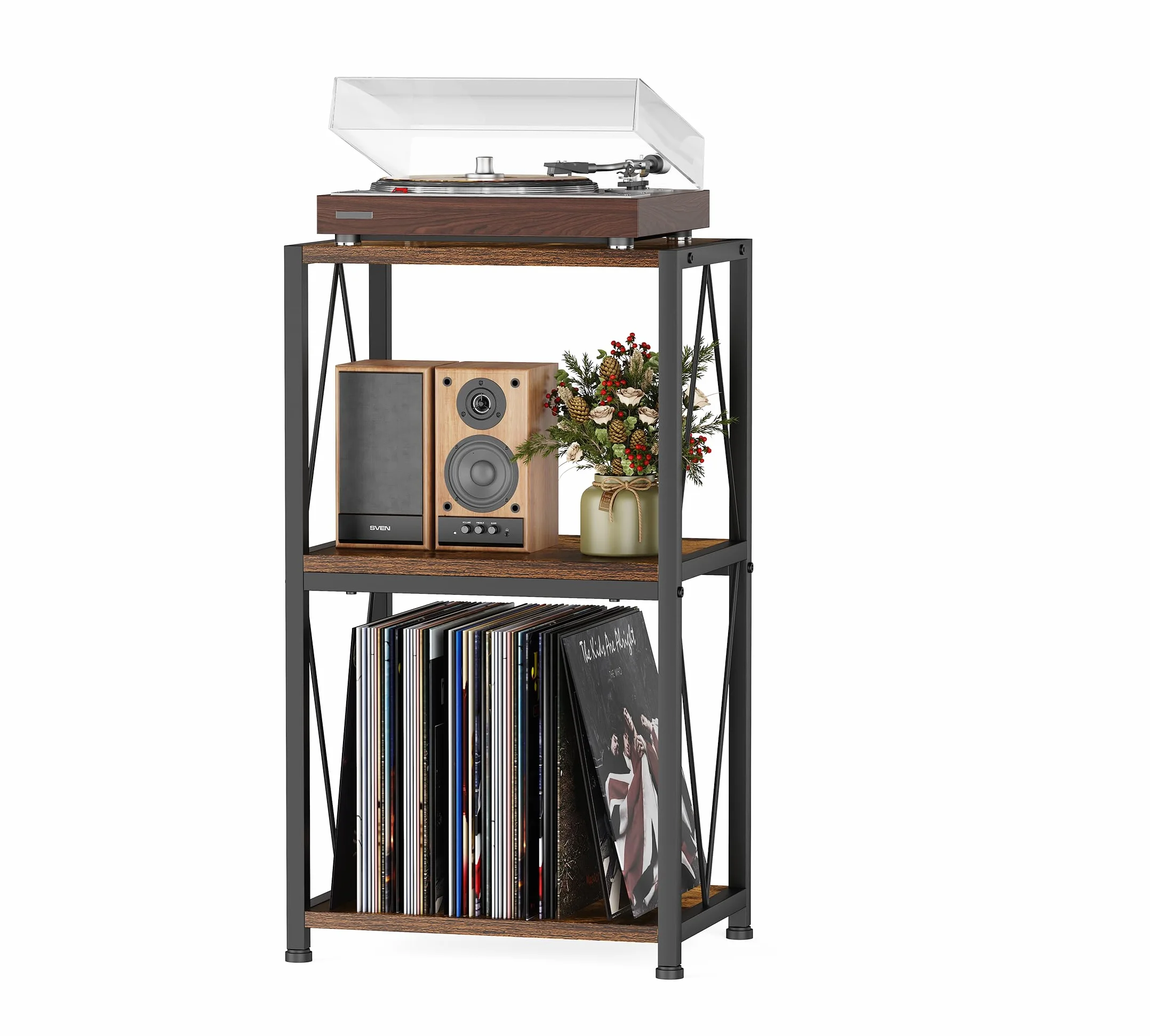 HFHOME Mesa auxiliar de almacenamiento de discos de vinilo de 3 niveles, gabinete para tocadiscos y soporte giratorio