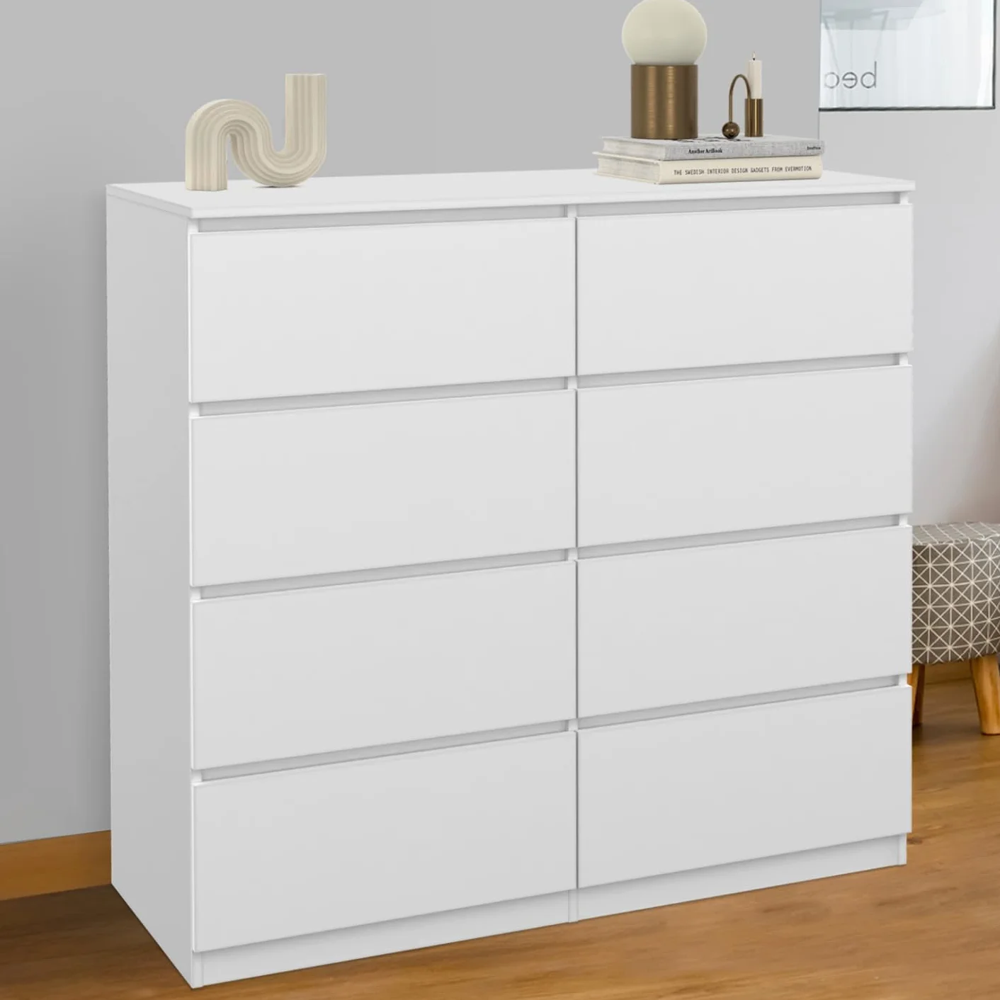 IDMarket TOMI - Cajonera 8 cajones 110 cm, madera blanca