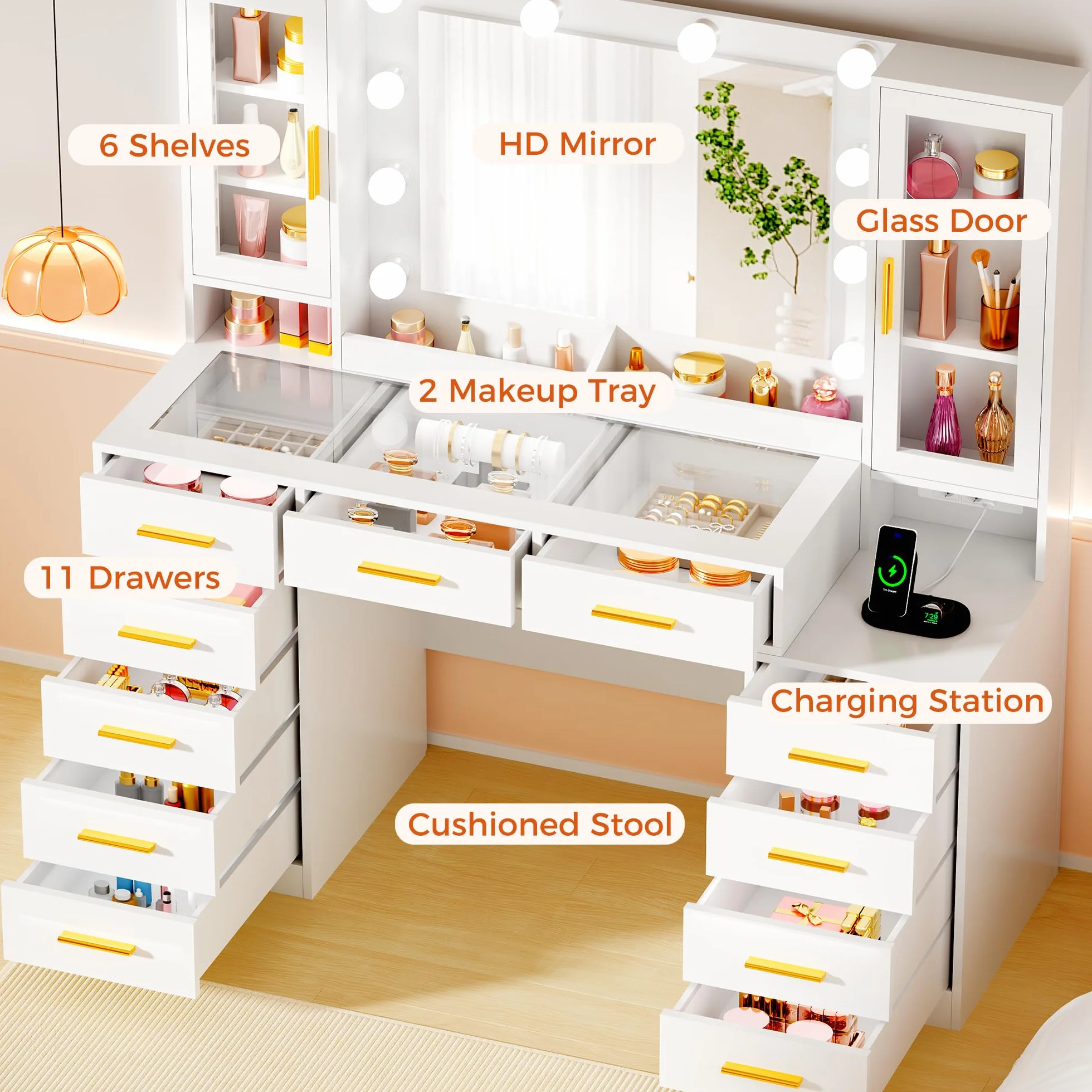 ANWBROAD Tocador con Espejo y Luz LED 135cm, Mesa de Maquillaje con Enchufes, Puertas de Vidrio Templado, 11 Cajones, Blanco BDT23W