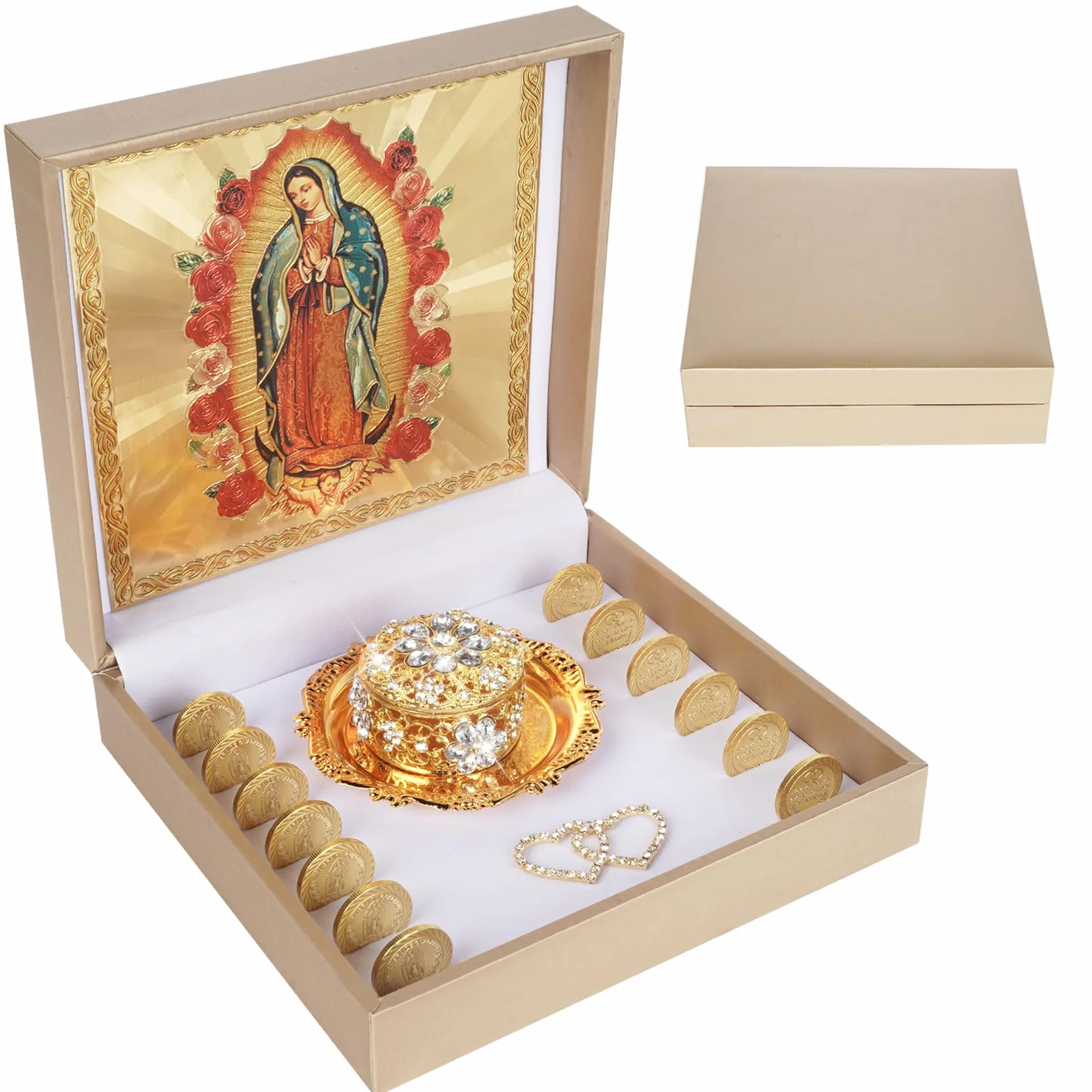Arras Para Boda Católica con Virgen De Guadalupe Caja de regalo, Arras De Boda Cristiana Premium, Arras De Boda Católica, Monedas de Boda Católica, Caja Arras de Boda Mexicana (dorado)
