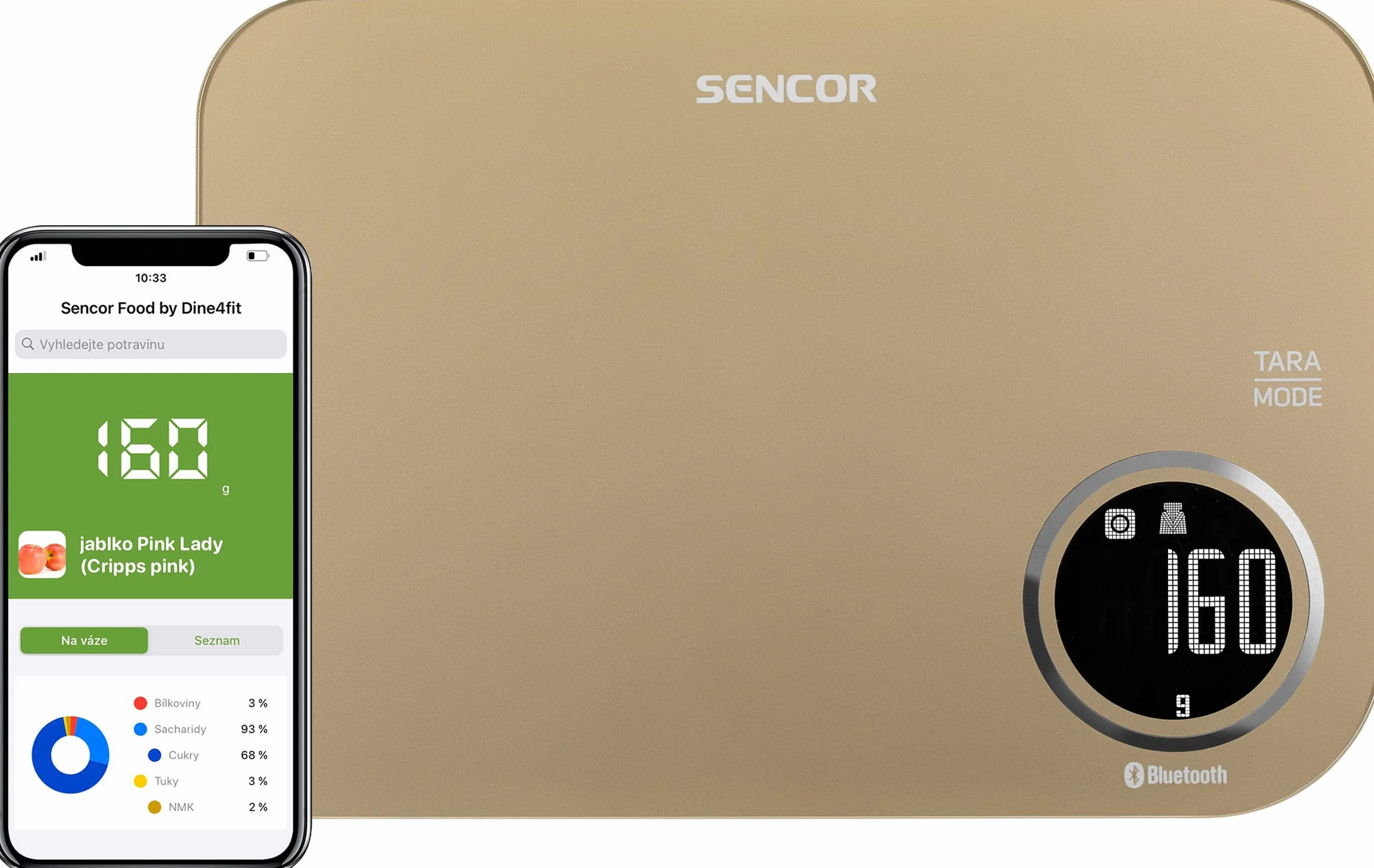 Sencor SKS707X - Báscula de cocina electrónica pesa alimentos Bluetooth Smart, vidrio templado, báscula de cocina digital profesional pantalla LCD, cocina digital de precisión 0.1g (champán)