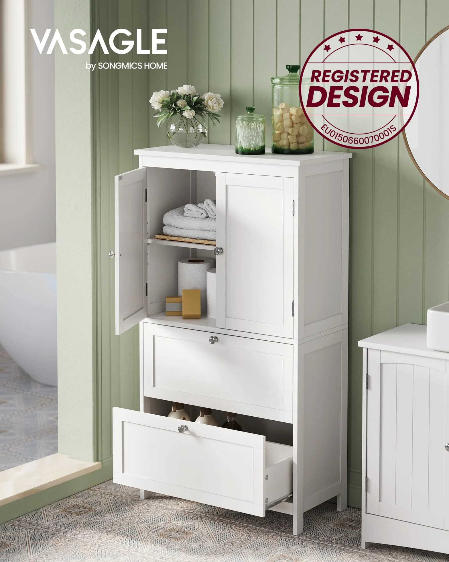 VASAGLE Mueble de Baño Armario de Cocina y Almacenaje con 2 Cajones y 2 Puertas, Estante Ajustable 30x60x110 cm Blanco
