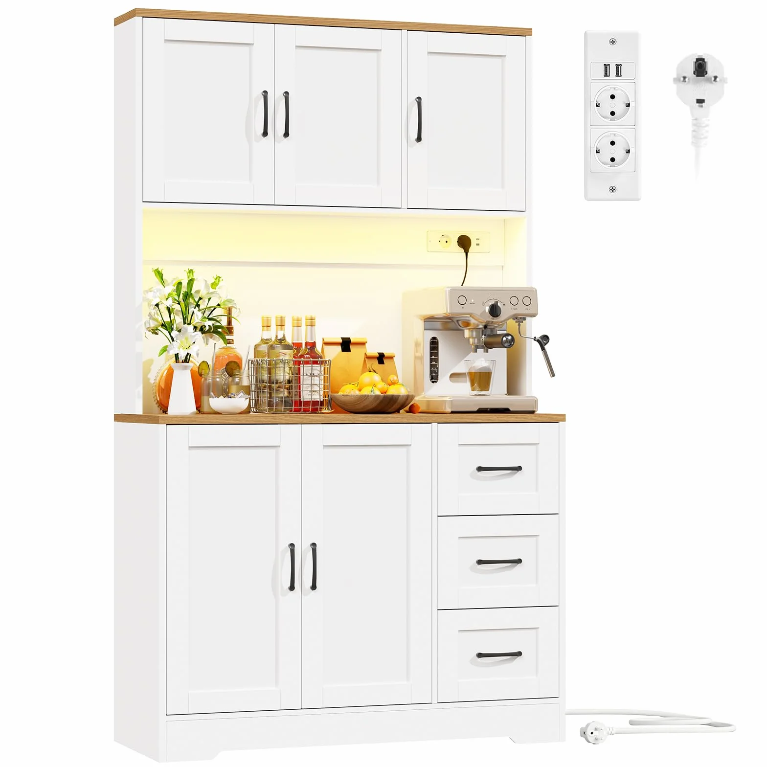 BEWISHOME Alacena de Cocina, Mueble Cocina Auxiliar con LED y Enchufes USB, Armario Cocina Alto con 5 Puertas y 3 Cajones, Estantes Regulables, para Cocina, Comedor o Salón, 100x40x180 cm, Blanco