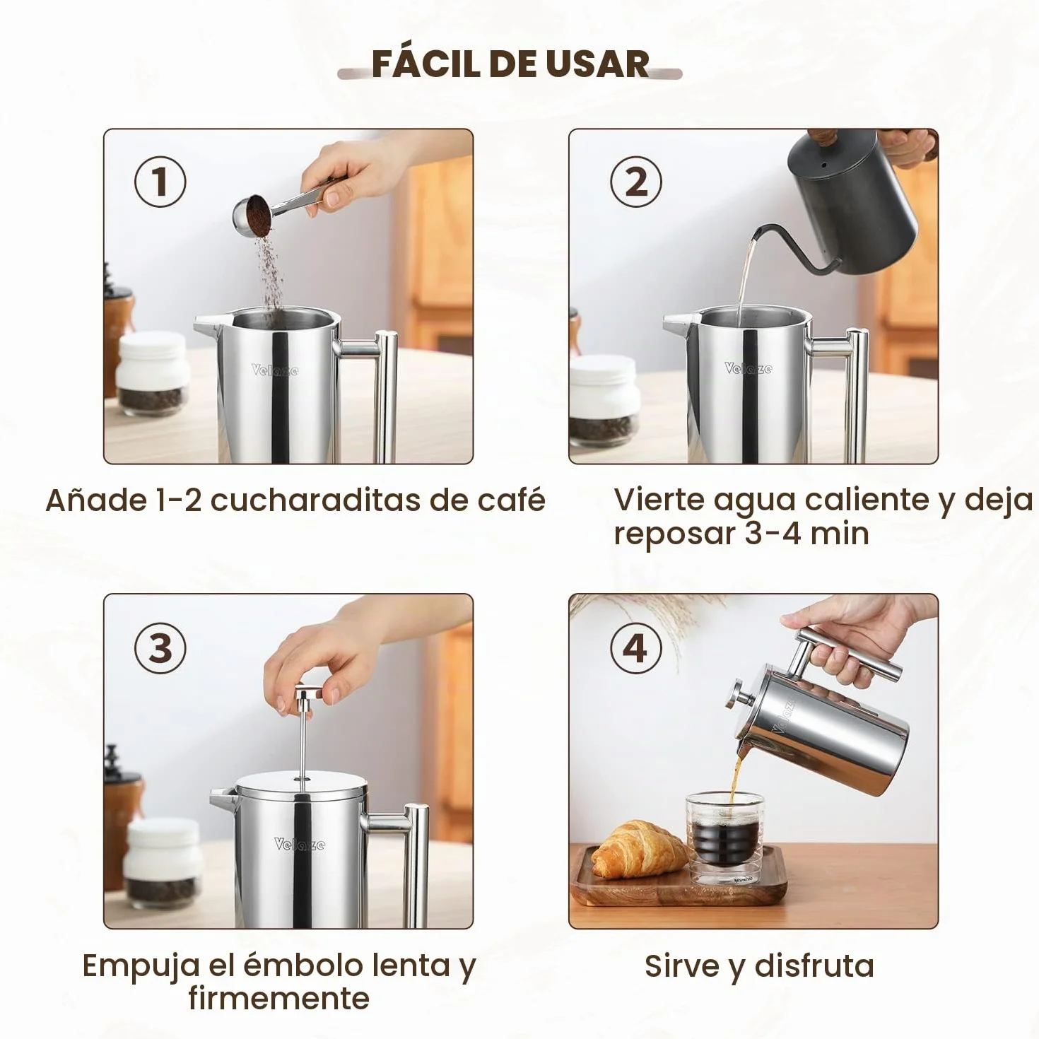 Velaze - Cafetera de émbolo (acero inoxidable, 350 ml, para 2 tazas, doble pared, cafetera, con 5 flitros y cuchara-S