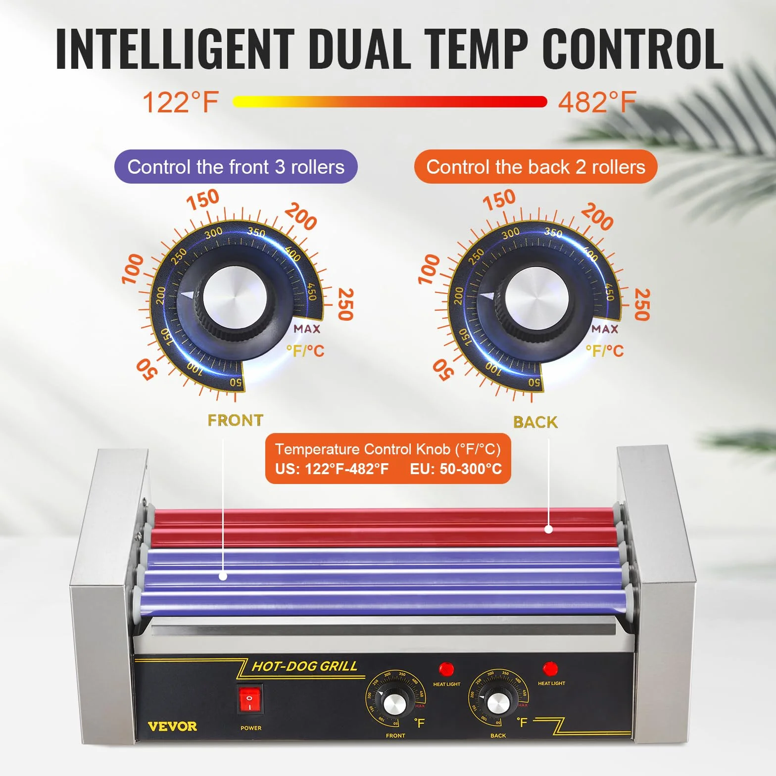 VEVOR Máquina de Rodillos para Perros Calientes de 56 x 25 x 41 cm con una Parrilla de Acero Inoxidable de Calidad Comercial, 50 °C-250 °C, 1000 W ±15%, para Puestos de Comida, Fiestas y Barbacoas