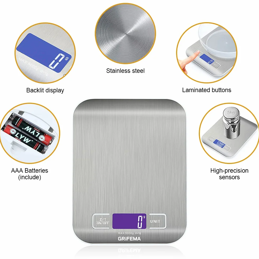 GRIFEMA GA2002 Báscula de Cocina Acero Inoxidable Balanza de Alimentos 5 kg 11 lbs Pantalla LCD Azul