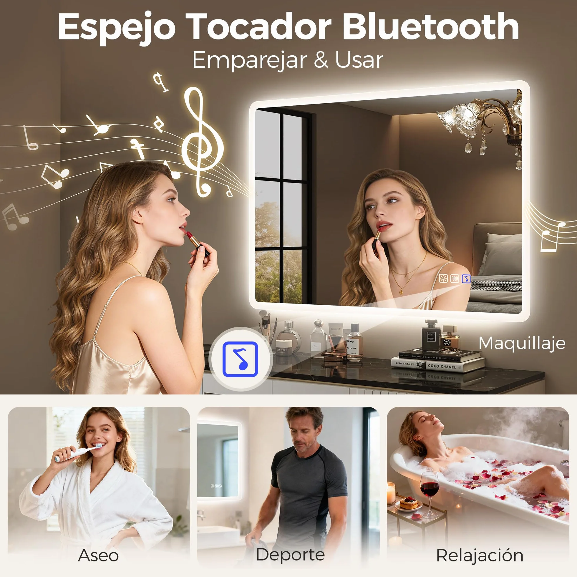STARLEAD Espejo Baño con Luz Bluetooth 100x70cm LED Antivaho IP44 Vidrio Templado HD