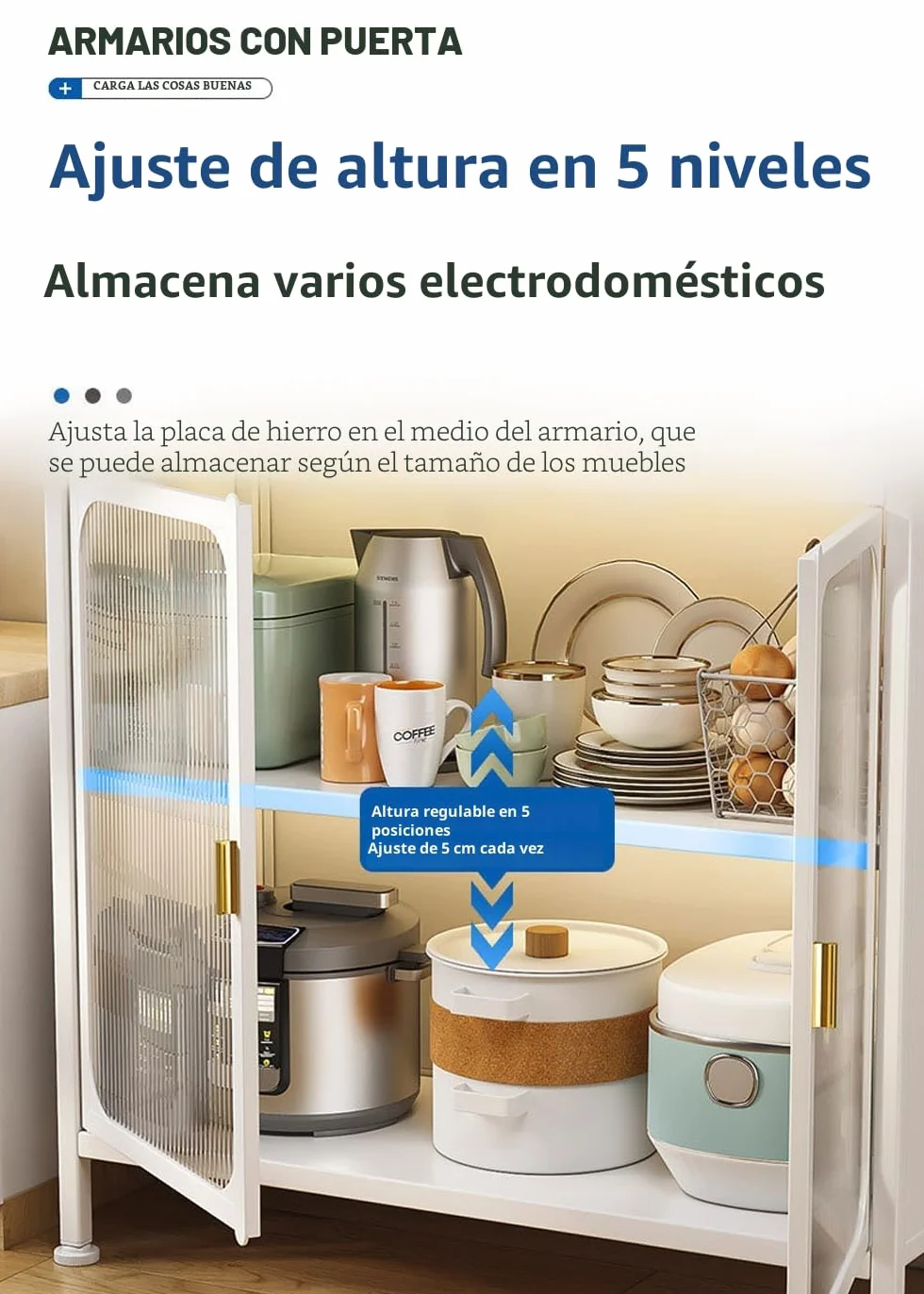 Armario de Cocina, Mueble Auxiliar De Cocina, 5 Niveles Aparador, con Orificio para Cables, con Ganchos Ruedas, Puerta Magnética, Color Blanco(66x36x164cm)