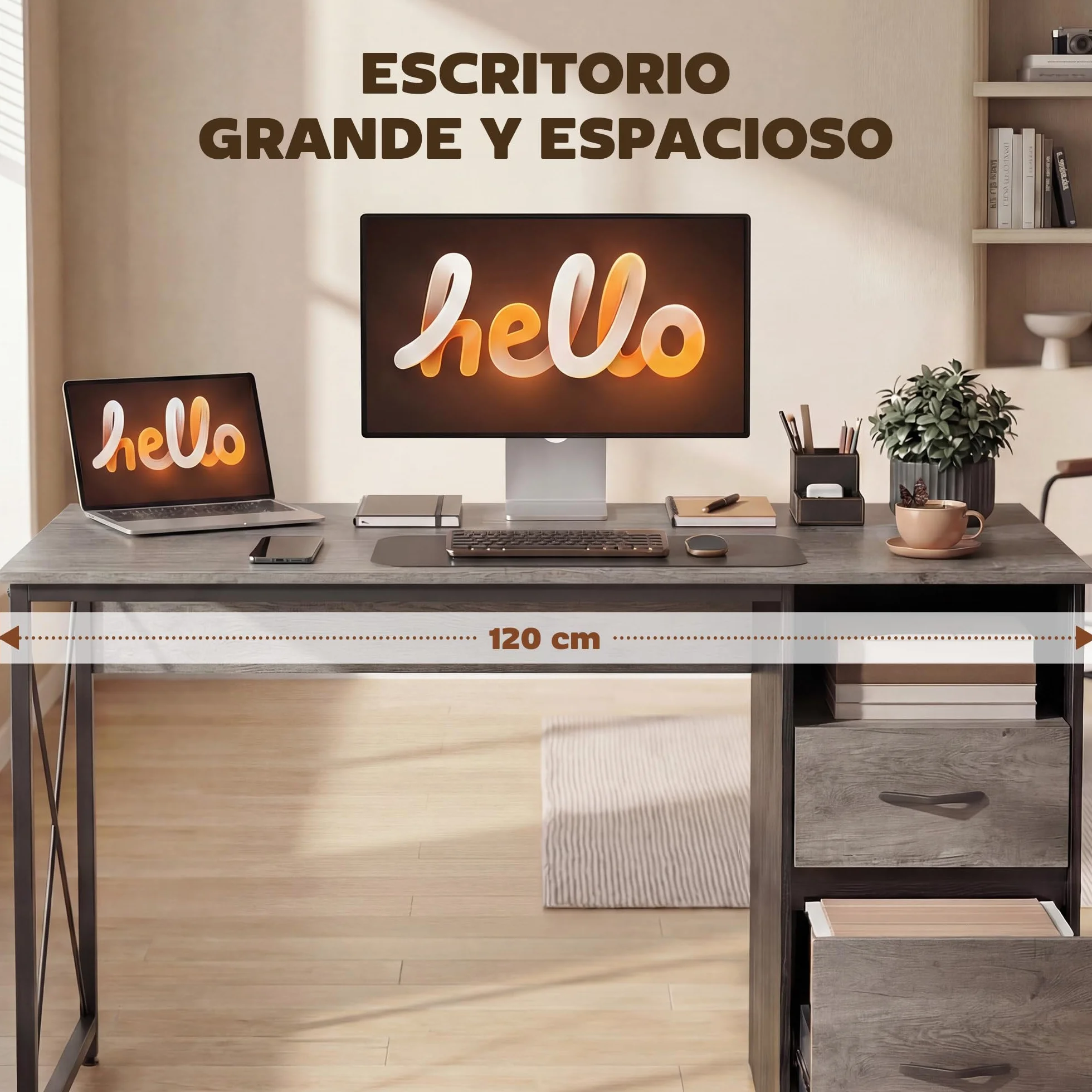HOMCOM Mesa de Ordenador, 120x50 cm, Escritorio de Ordenador Industrial con Compartimento y 2 Cajones, para A4, Cartas, para Oficina, Estudio, Gris Claro