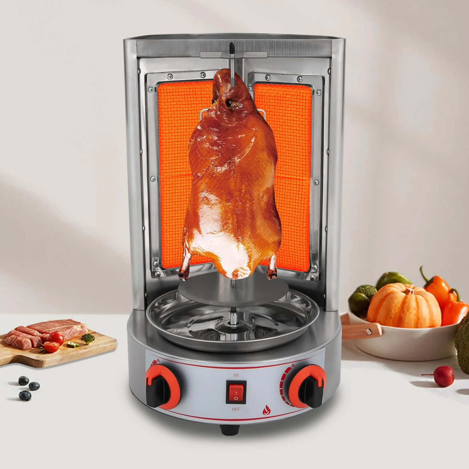Shawarma asador vertical 360° acero inoxidable con dos interruptores térmicos ajustables