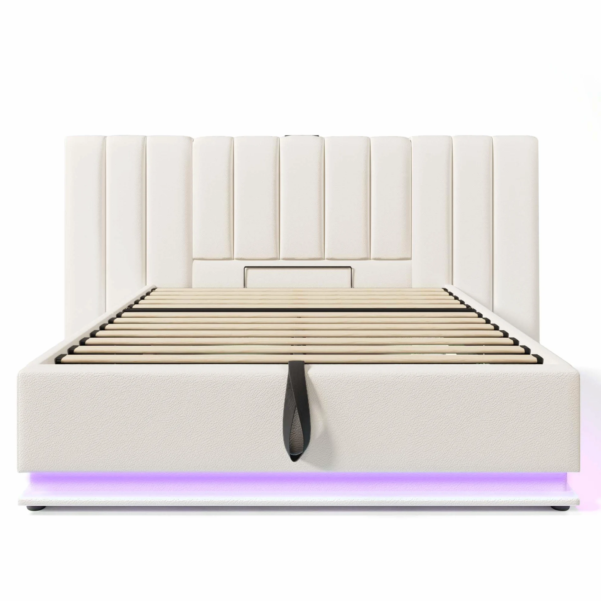 Moimhear Cama tapizada, cama doble con almacenamiento con control LED por app y función de carga USB-C, lino, sin colchón ni mesita de noche (blanco, 160 x 200 cm)