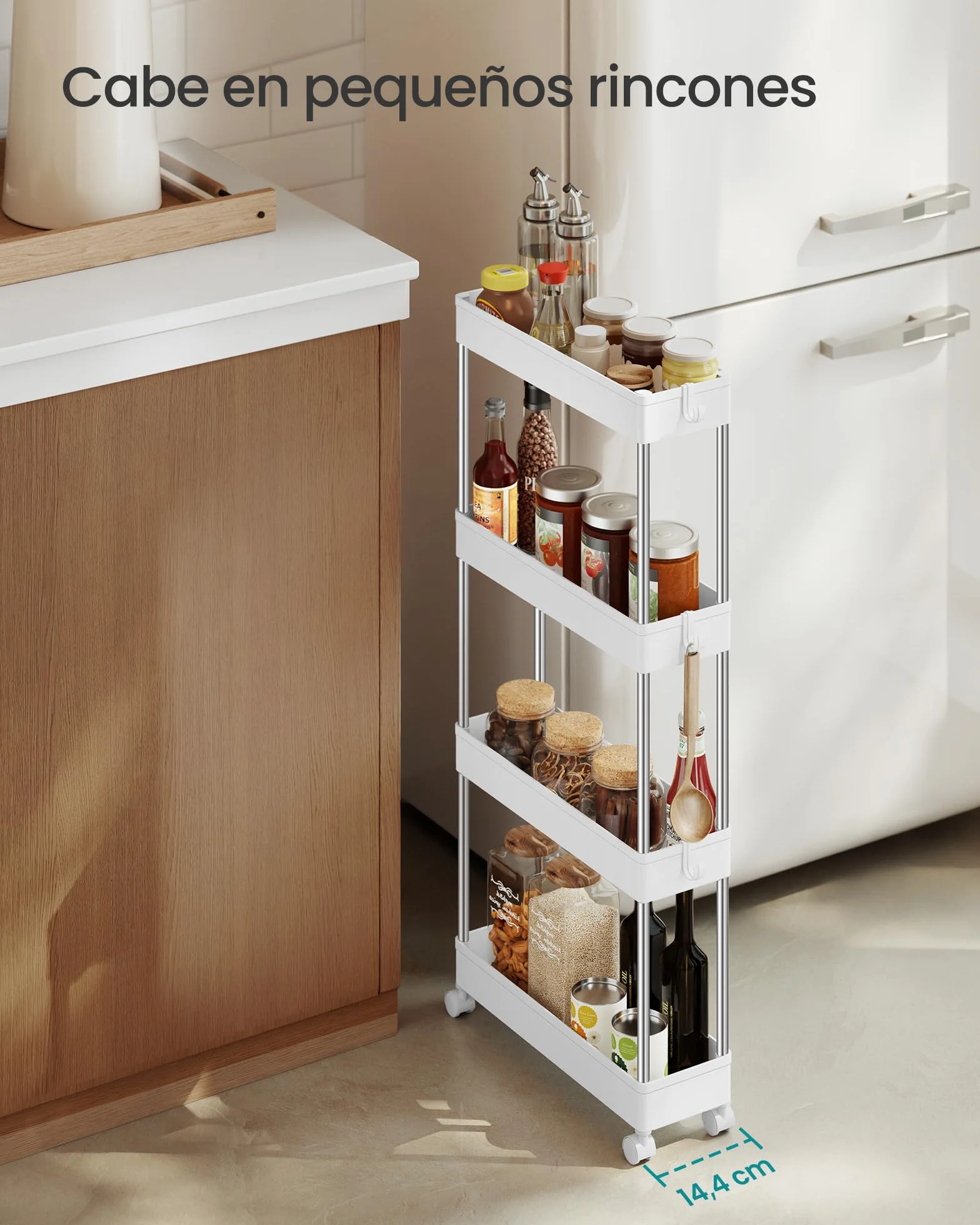 SONGMICS Carro de Almacenamiento de 4 Niveles, Carrito con Ruedas, Carro de Cocina, Ahorro de Espacio, para Baño, Oficina, 14,4 x 42 x 86 cm, Blanco Nube KSC08WT