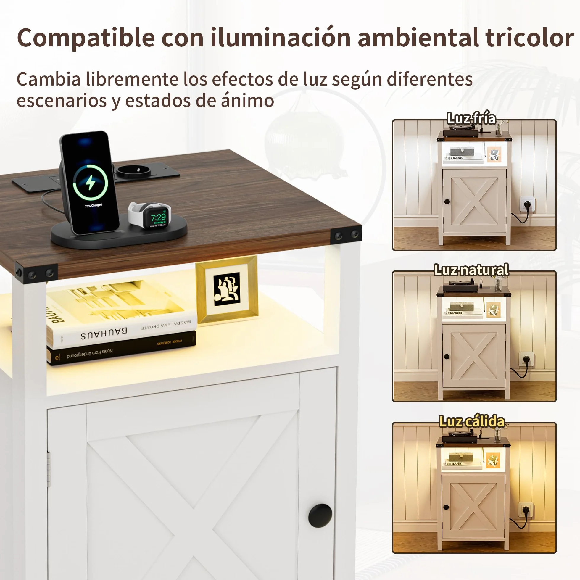 BonVache Juego de 2 Mesitas de Noche, con iluminación LED y enchufes, Color Ajustable, Puerta de Gran Capacidad y Compartimento Abierto, para Dormitorio, Salón