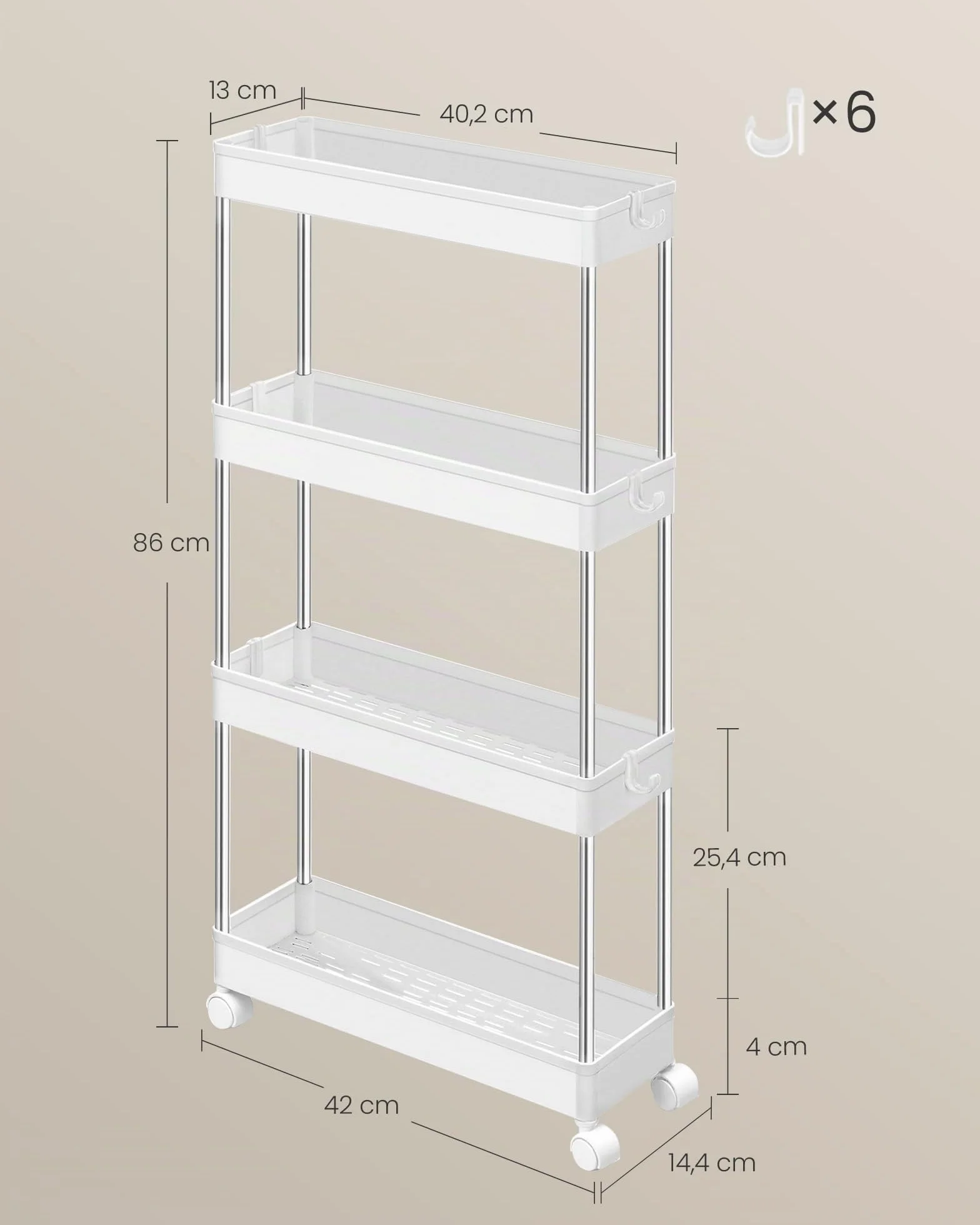 SONGMICS Carro de Almacenamiento de 4 Niveles, Carrito con Ruedas, Carro de Cocina, Ahorro de Espacio, para Baño, Oficina, 14,4 x 42 x 86 cm, Blanco Nube KSC08WT