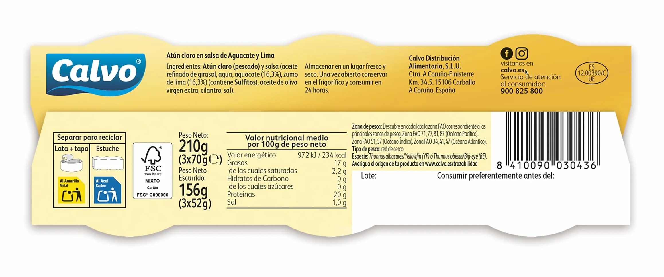 Calvo Atún claro en salsa de Aguacate y Lima Pack 3 x 70g