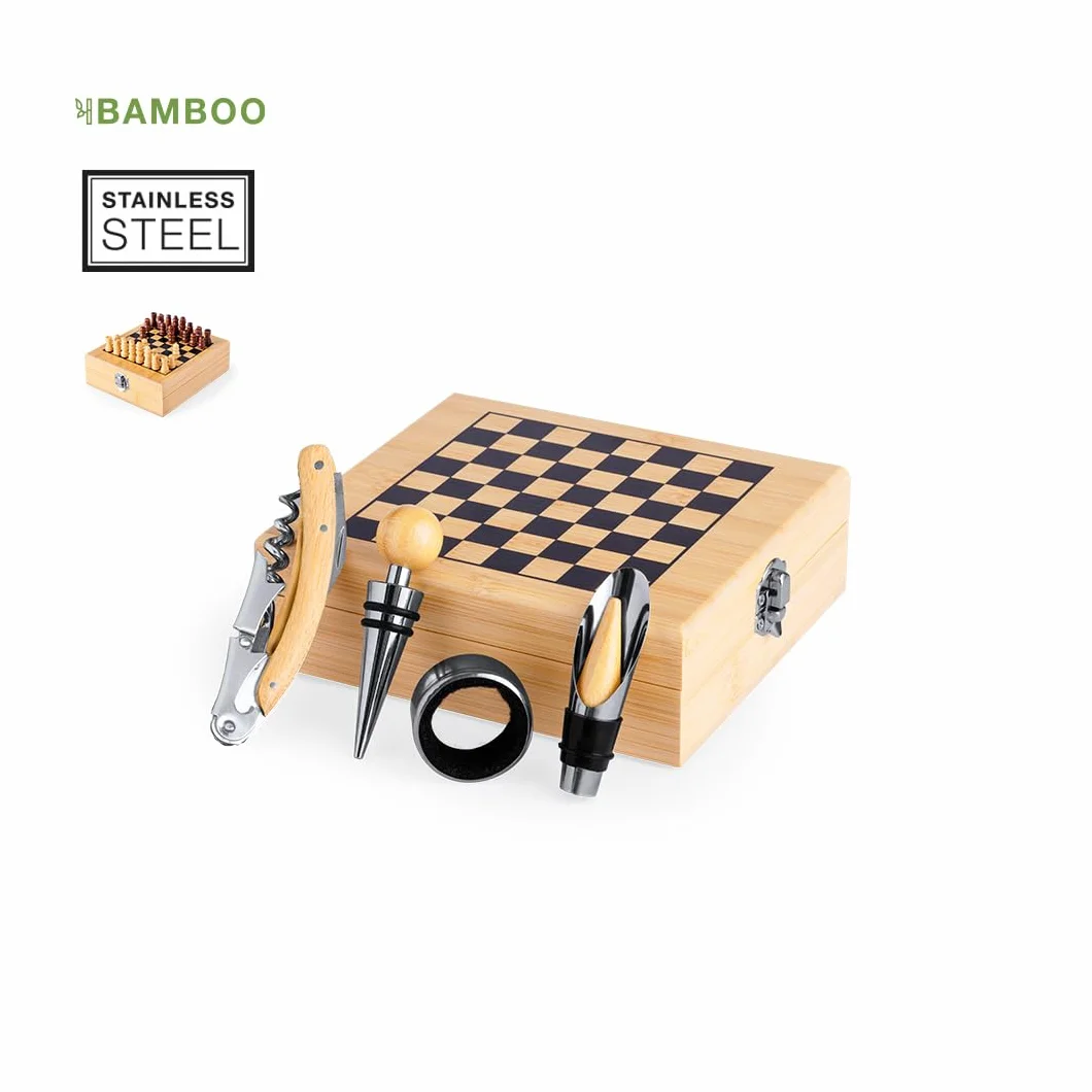 Set de Ajedrez de Bambú con Accesorios de Vino, Caja Premium Decorativa con Sacacorchos, Tapón y Vertedor Antigoteo, Juego Elegante para Regalo Original