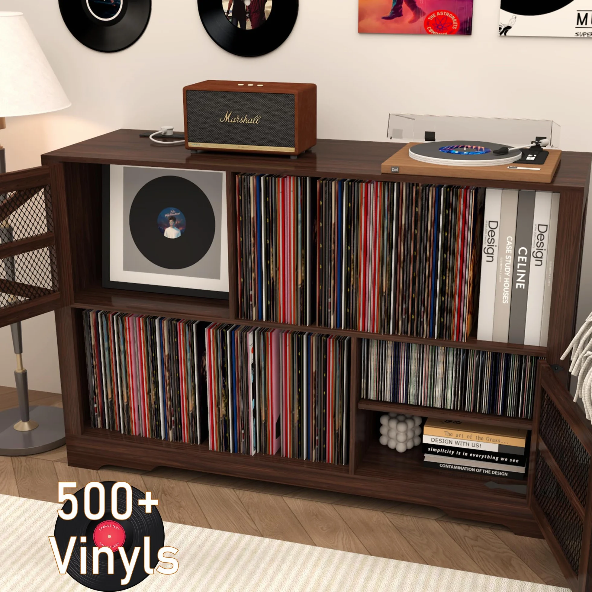 MDF Mueble para Discos de Vinilo con Acabado Nogal,Soporte para 500+ Vinilos, 2 Enchufes & 2 USB, Antivuelco, Mueble Compacto para Salón y Tocadiscos,Color Nogal（120×40×80cm）