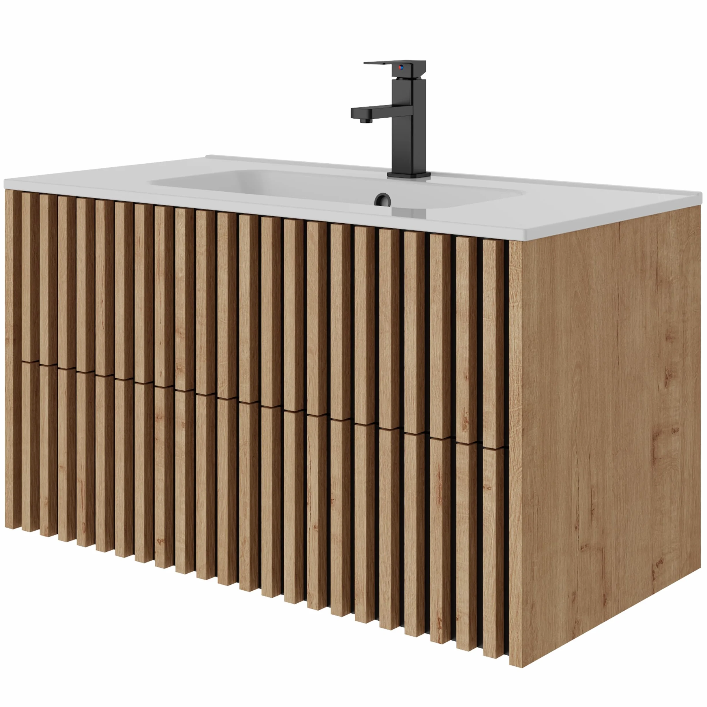 UEV 90CM Mueble de Baño Suspendido con Lavabo de Cerámica, Mueble Lavabo Incluido con 2 Cajones para Almacenaje, Moderno y Práctico, Natural