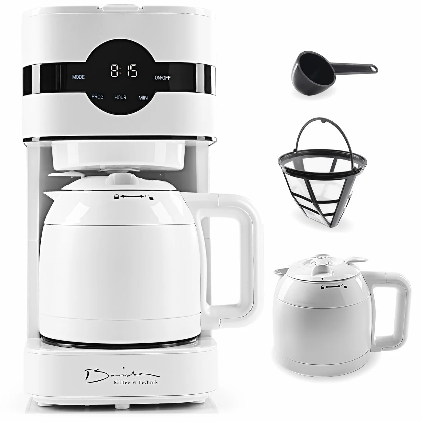 Barista Cafetera de filtro con jarra térmica, máquina de filtro con pantalla táctil y función de temporizador, cafetera con filtro permanente y 900 W, depósito de agua de 1,25 litros para 8 tazas de