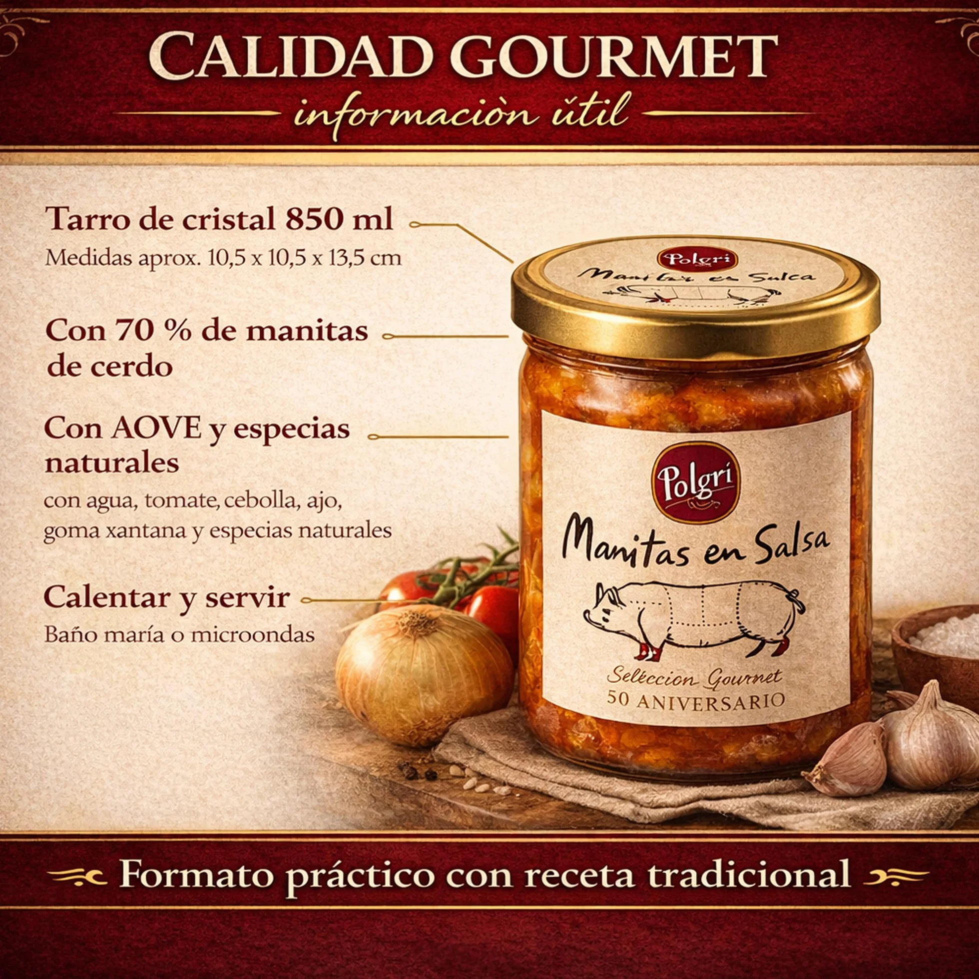 POLGRI Manitas de Cerdo en Salsa Conserva Gourmet 850 ml Plato Preparado
